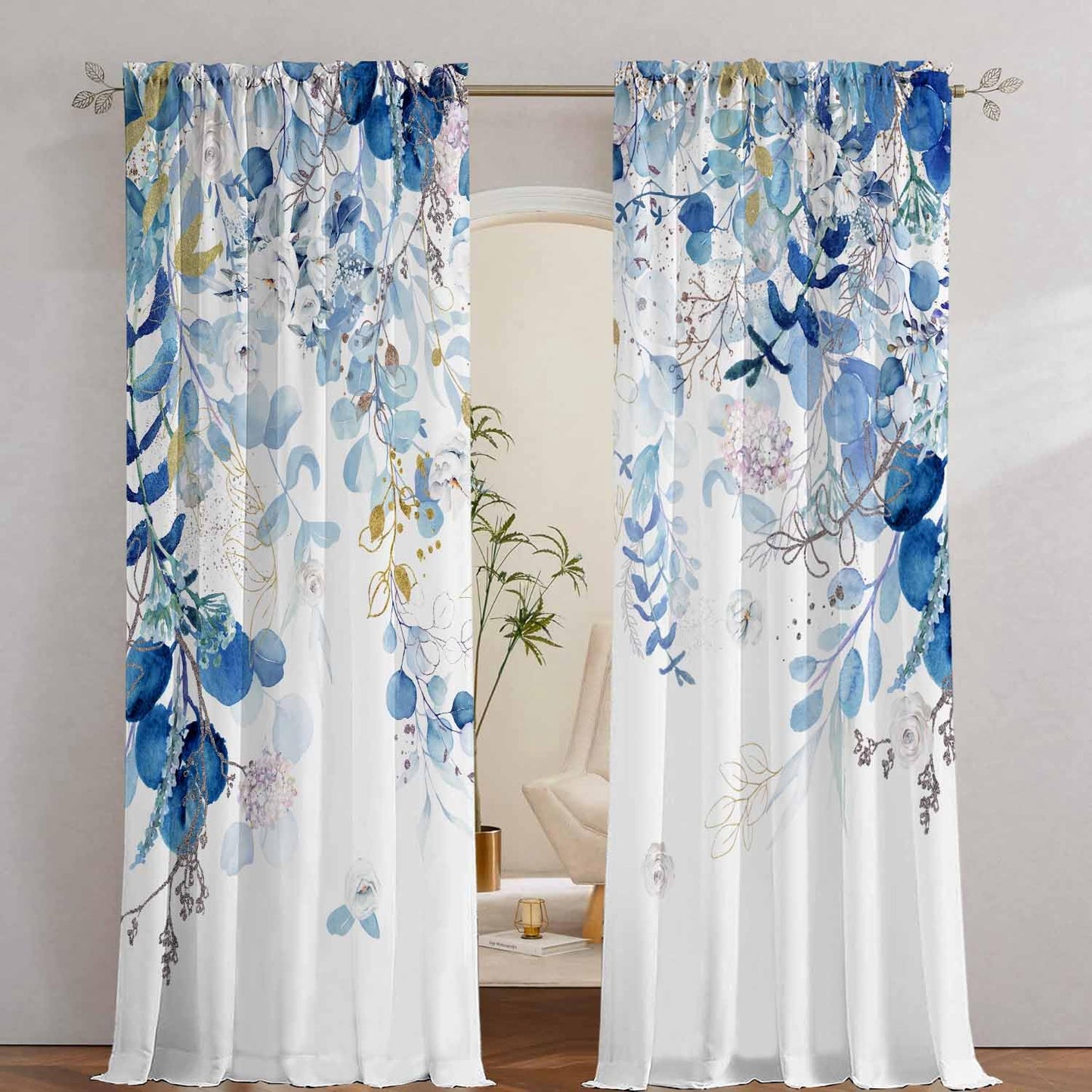 Blue Eucalyptus Curtains for Living Room 84" Length Watercolor Leaf Plant Spring Summer Blue and White Semi-Sheer Curtains for Bedroom Kitchen Windows,Botanical Nature Light Blue Gold Curtain, 2 Pack