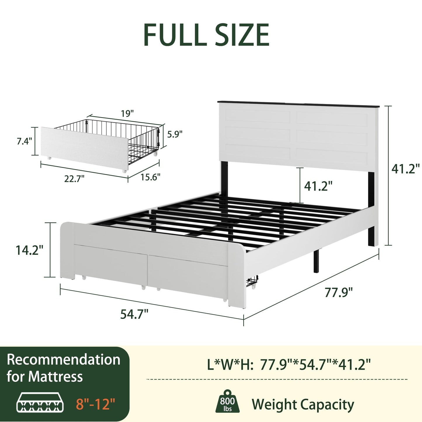SAMTRA Wooden Bed Frame with Storage Drawers, LED Headboard & Charging Station, Wood Platform Bed Frame with Tall Headboard, No Box Spring Needed, Full Size, White