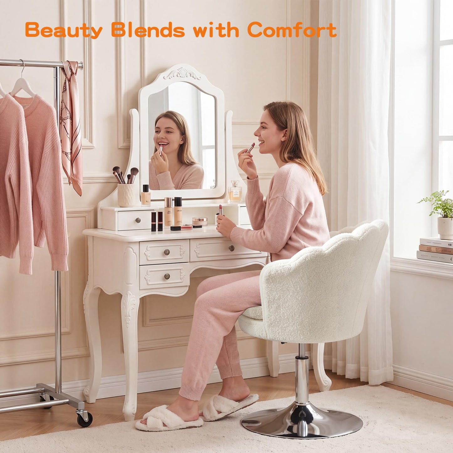 Furniliving Teddy Vanity Chair No Wheels, Modern Swivel Makeup Chair with Ergonomic Lotus-Shaped Backrest, Height Adjustable, Comfy Desk Chair for Dressing Room, Home Office, Bedroom, White