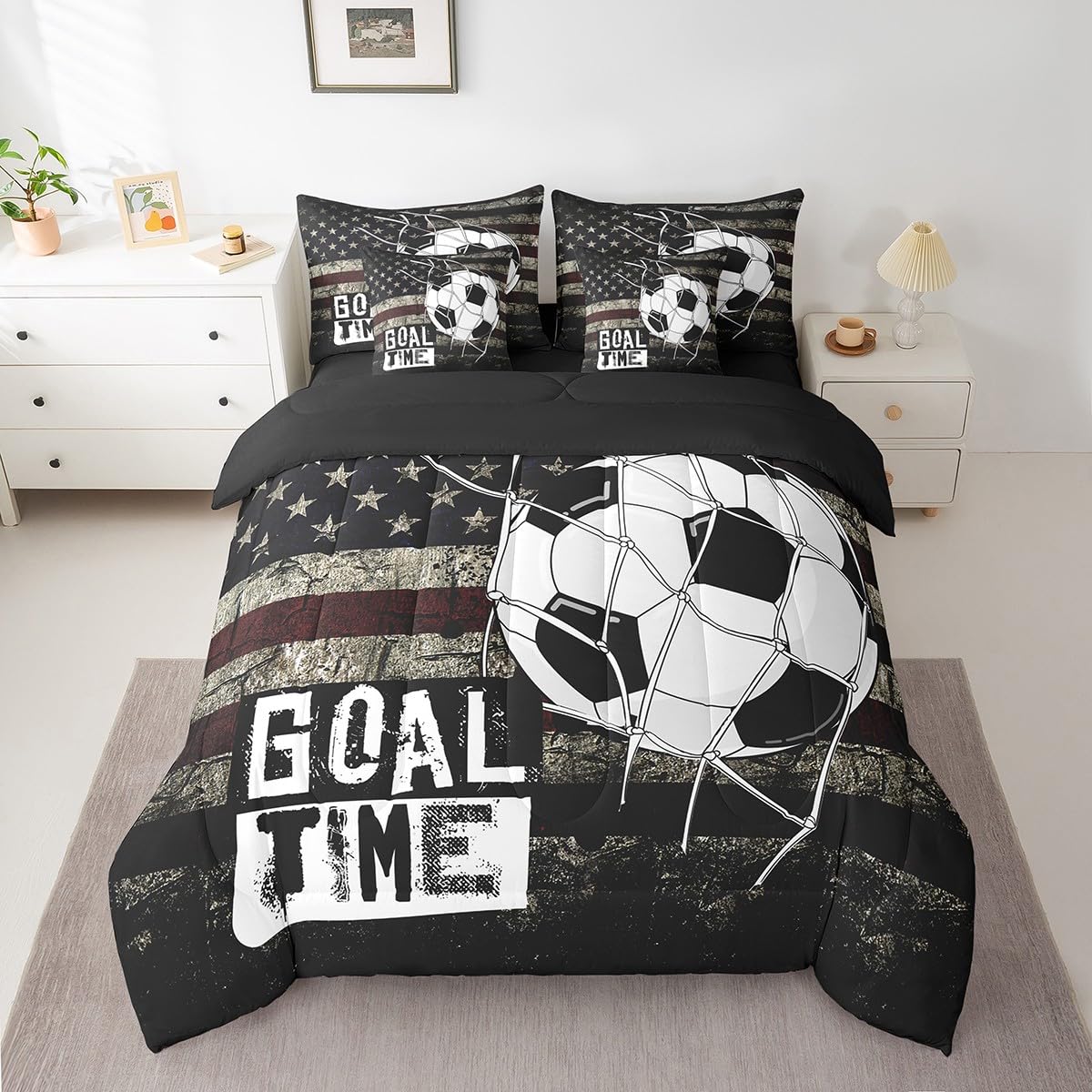 Erosebridal Football Twin Bedding Set 7-Piece American Flag Bed in A Bag with Sheets for Kids Boys Teens Soccer Sports Games Comforter Set United States Stripes Bedding Comforter Sets