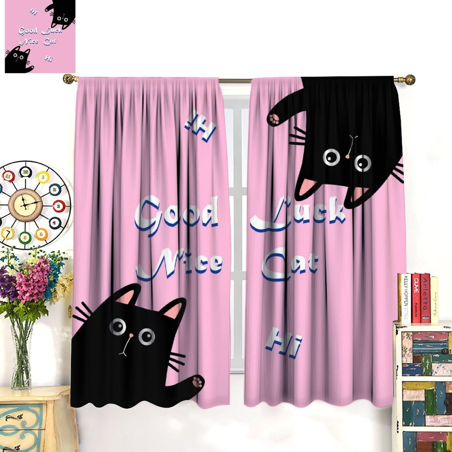 Hazuff Pink Cat Girl Curtains,Cartoon Fantasy Cute Cat Animal Windows Treatments Rod Pocket Drapes for Kids Living Room Bedroom Bathroom 42x44.5in