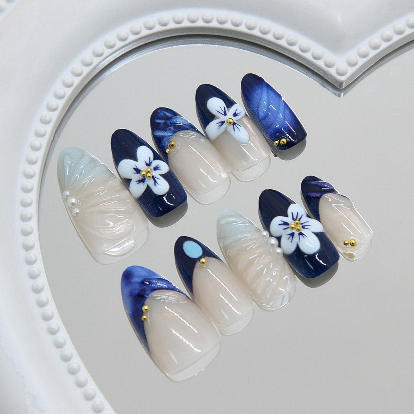 3D Blue & Nude Press On Nails - Medium Almond Fake Nails with Flower & Pearl Design, Glossy French Tip Glue On Nails for Women, Reusable Full Cover False Nails with Glue Tabs - 30Pcs Manicure