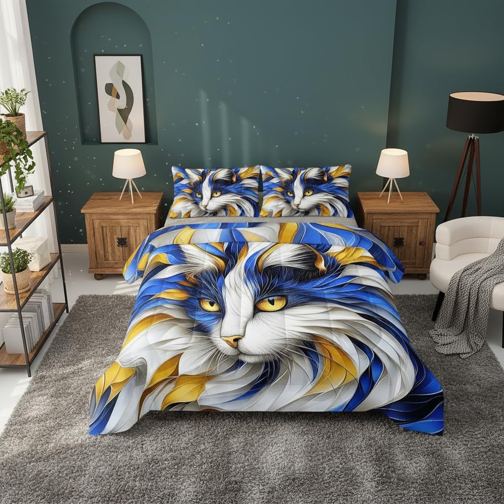 QOOMO Cartoon Cat Kids Bedding Set,Cute Animal Print Comforter Set for Boys Girls Teen Room Decorat,Soft Lightweight Bed Set All Season Queen Size,1 Comforter Set 2 Pillowcases