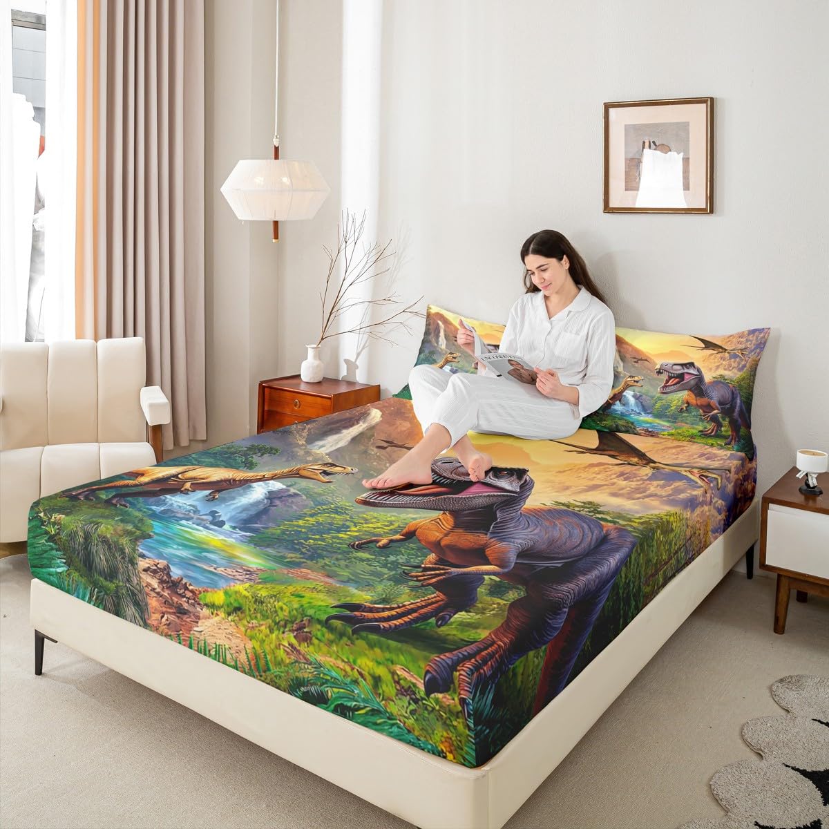 Erosebridal Kids Cartoon Dinosaur Bed Sheets King Boys Jungle Dino Sheet Set, 3D Ancient Animals Fitted Sheet, Child Flat Sheet, Dinosaur Room Decor, 2 Pillow Cases