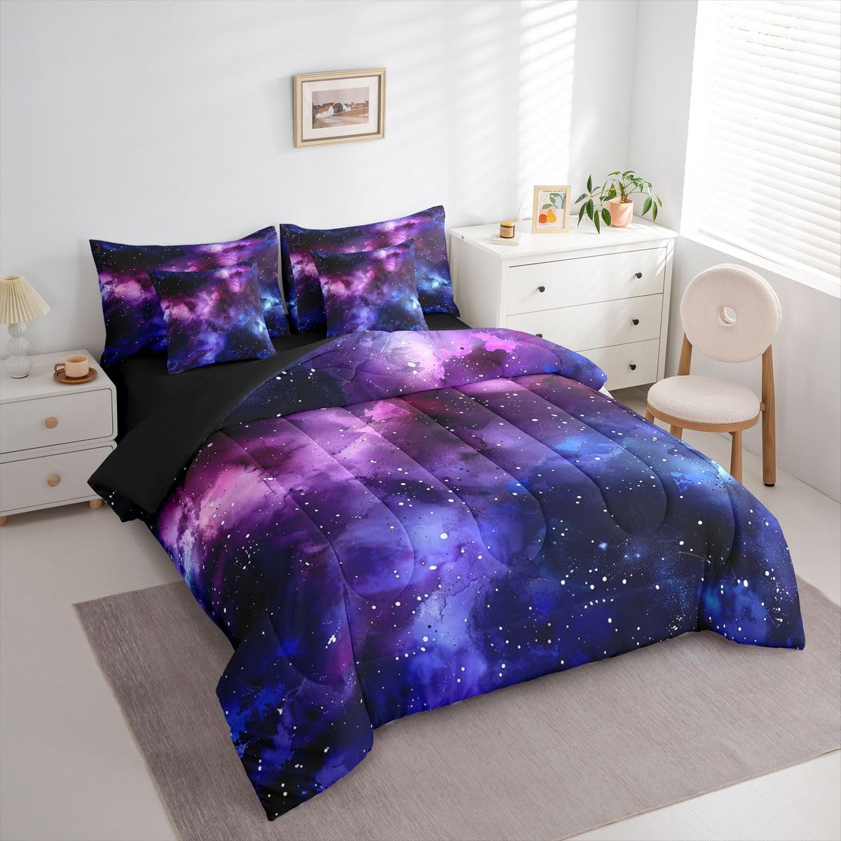 Erosebridal Universe Space Comforter Set Galaxy Bed in A Bag Queen Size 7 Pieces Purple Blue Starry Sky Bed Set Room Decor Outer Space Nebula Bedding with Sheets