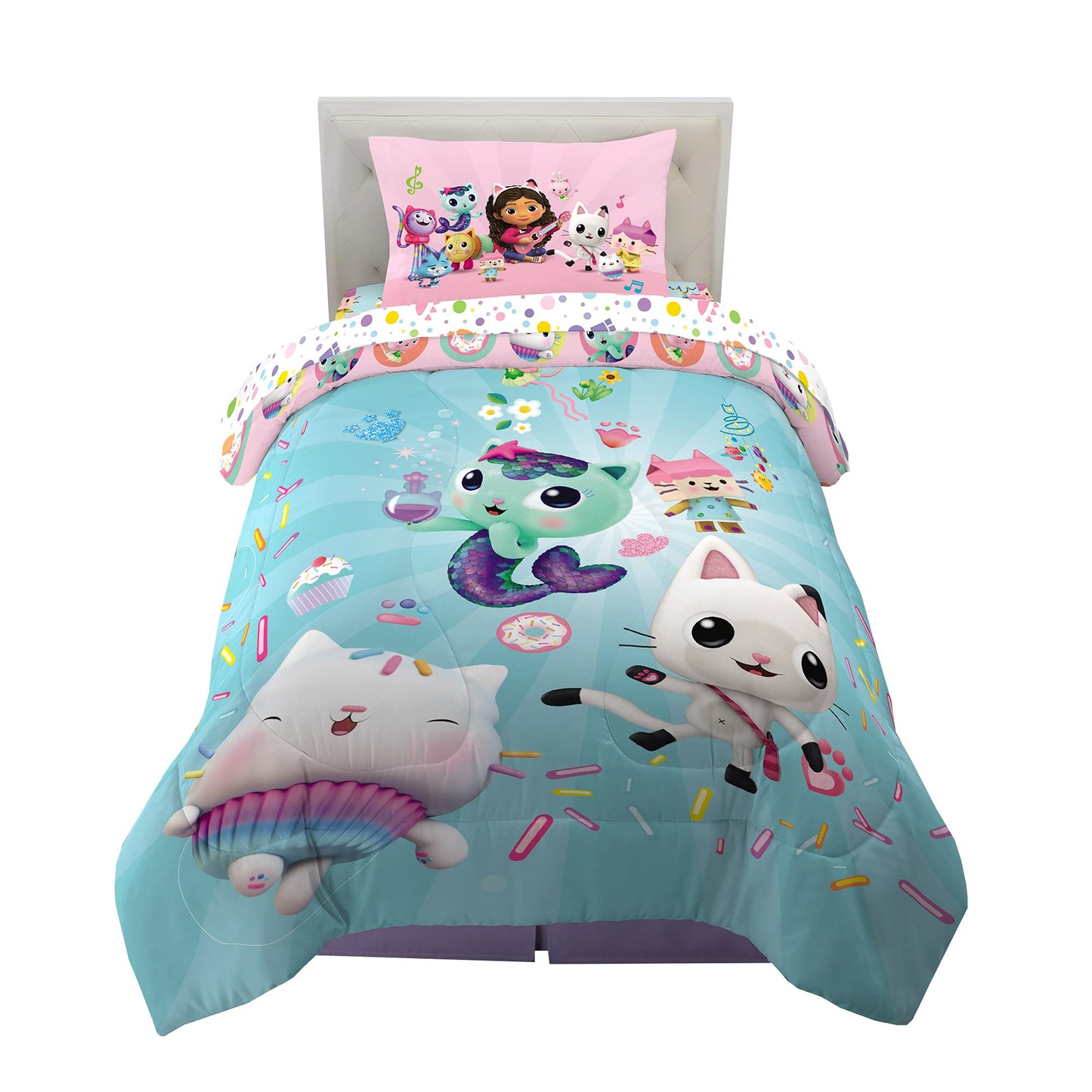 DreamWorks Gabby's Dollhouse Cakey, MerCat And Pandy Kids Bedding Super Soft Comforter And Sheet Set, 4 Piece Twin Size, By Franco