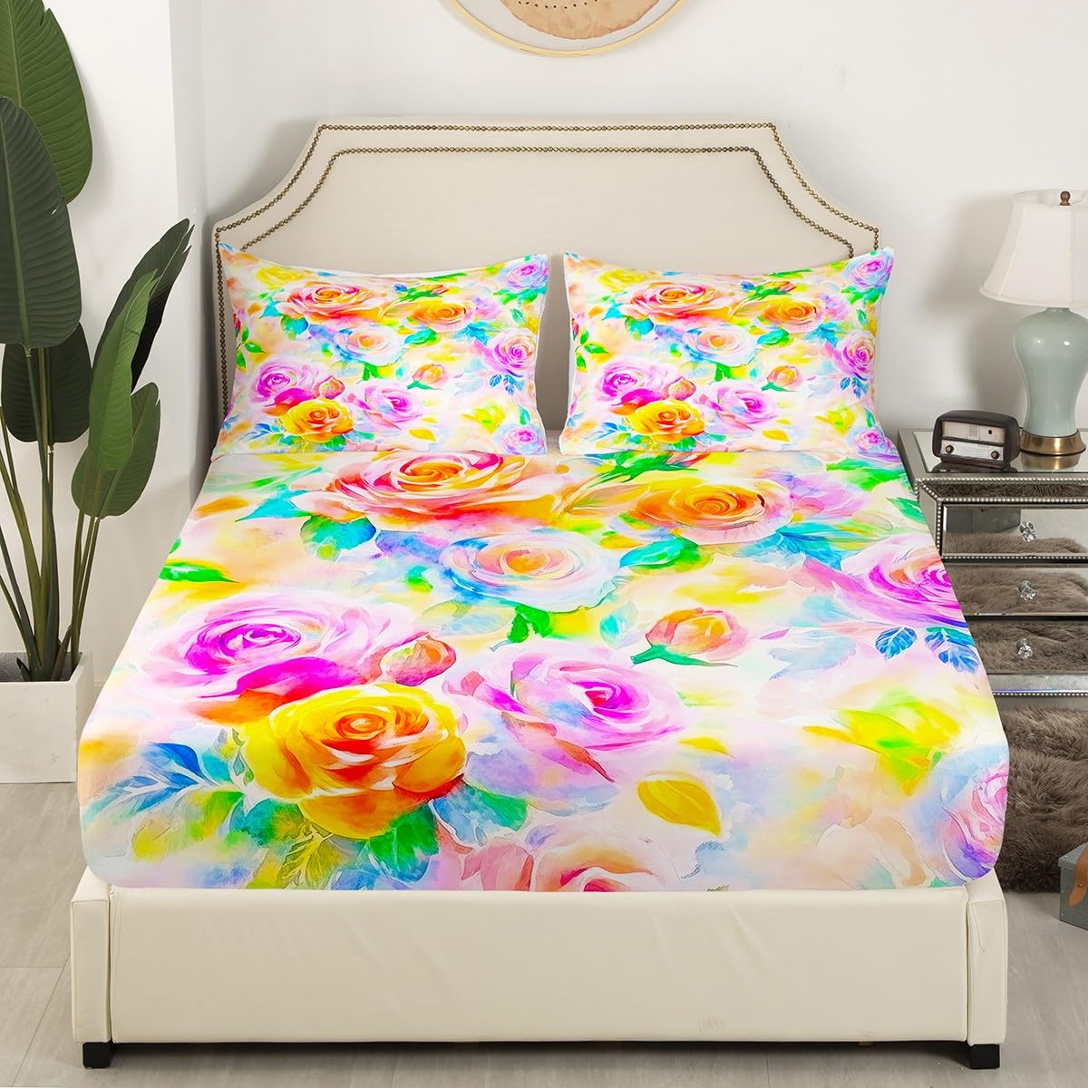Feelyou Rose Flower Bedding Sheets Girls Women Like Full Yellow Purple Flower Bed Sheet Set Garden Flower Fitted Sheet Pretty Botanical Bed Cover 3Pcs,1 Fitted Sheet+2 Pillow Sham（No Flat Sheet）