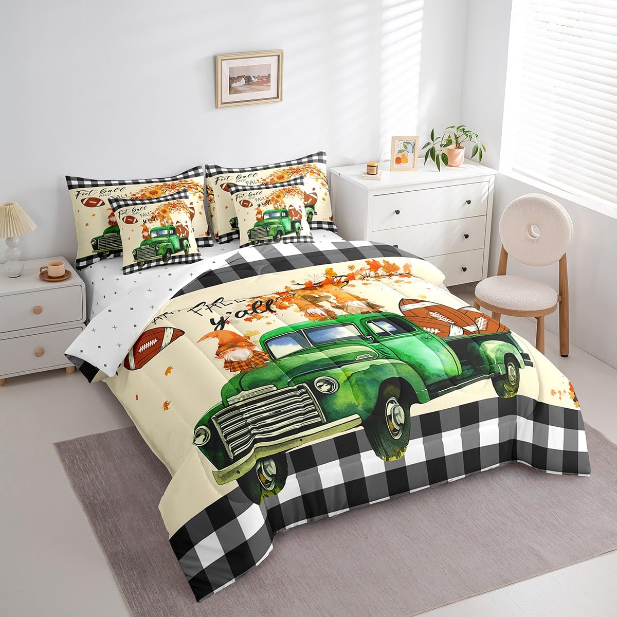 Erosebridal Green Truck 7 Piece Comforter Set Full Bed in a Bag,Cartoon Fall Gnome Kawaii Bedding Sets Rugby Football Sheet Set with Comforter