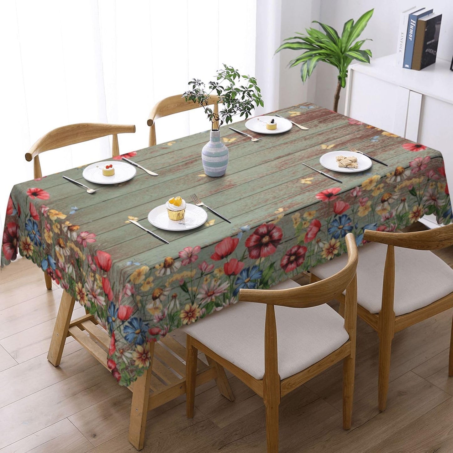 XIOURERY Wild Flowers Table Cloths Decorative for Dining Room, Flowers Brown Wood Washable Tablecloth for Home, Restaurant, Outdoor Party Table Cover 54x72 Inch