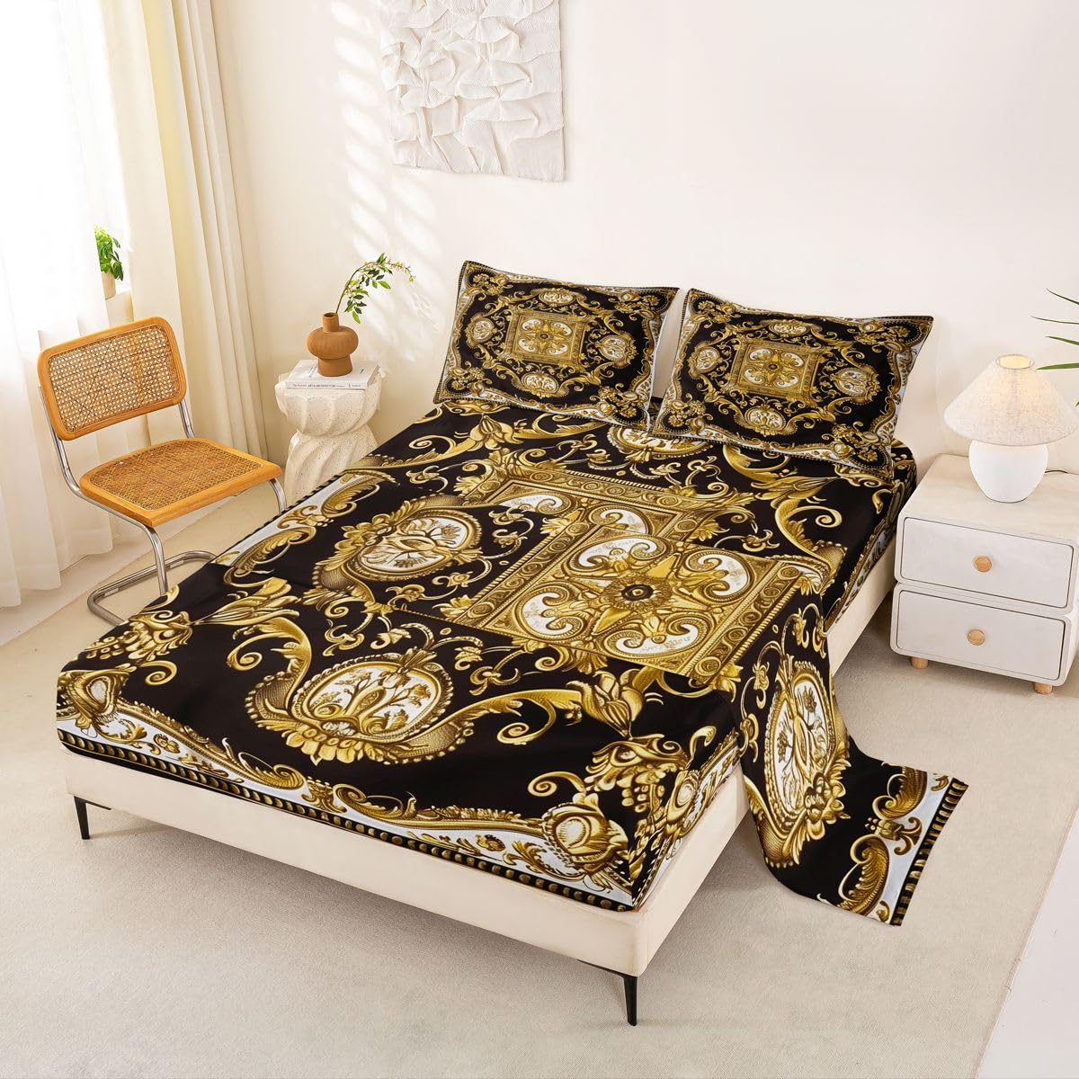 Erosebridal Golden Yellow Bed Sheets Set Full Geometric Flowers Sheet Set Bohemian Exotic Sheets European Floral Print Flat Fitted Sheet