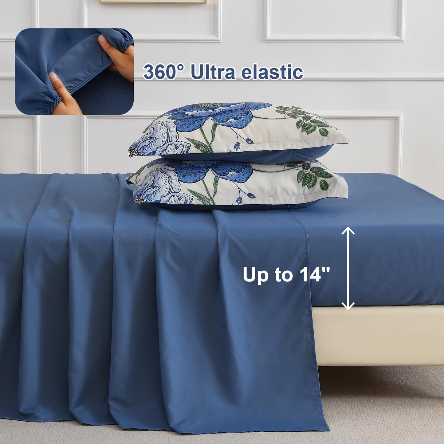 Luxudecor Beige Floral King Comforter Set 7 Pieces Bed in a Bag, Blue Flower Print on Beige Bedding Set,Soft Reversible Comforter with Sheets 104"x90"
