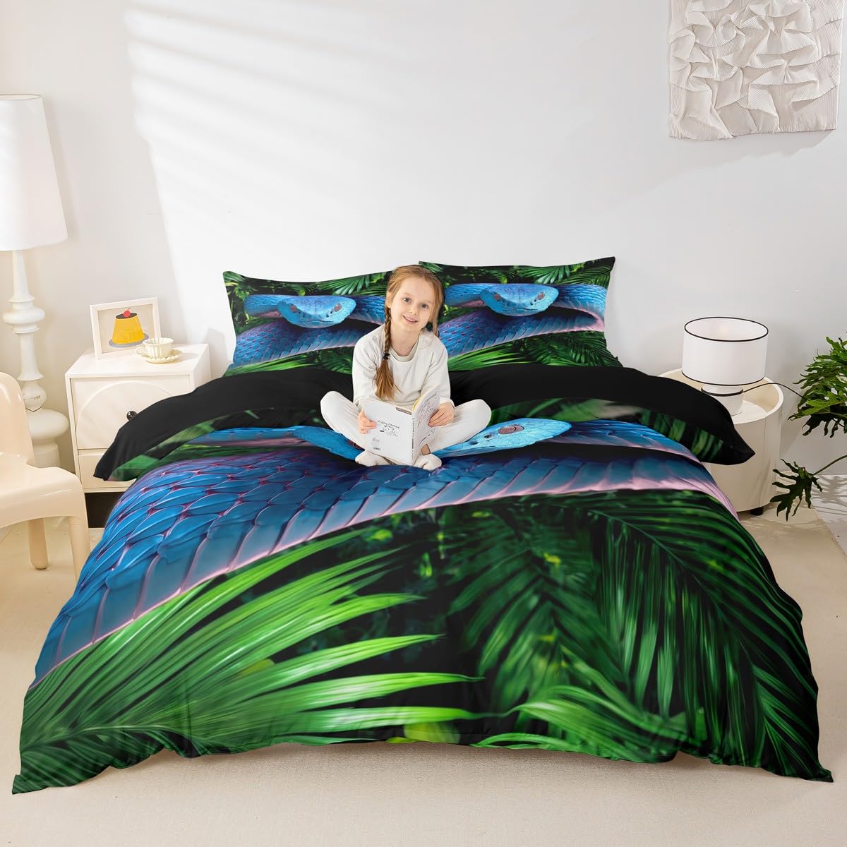 Erosebridal Snake Comforter Cover, 3D Python Duvet Cover, Palm Leaf Bedding Set Full Size, Reptile Tropical Theme Quilt Cover for Kids Boys Girls Teens Living Room Decorative