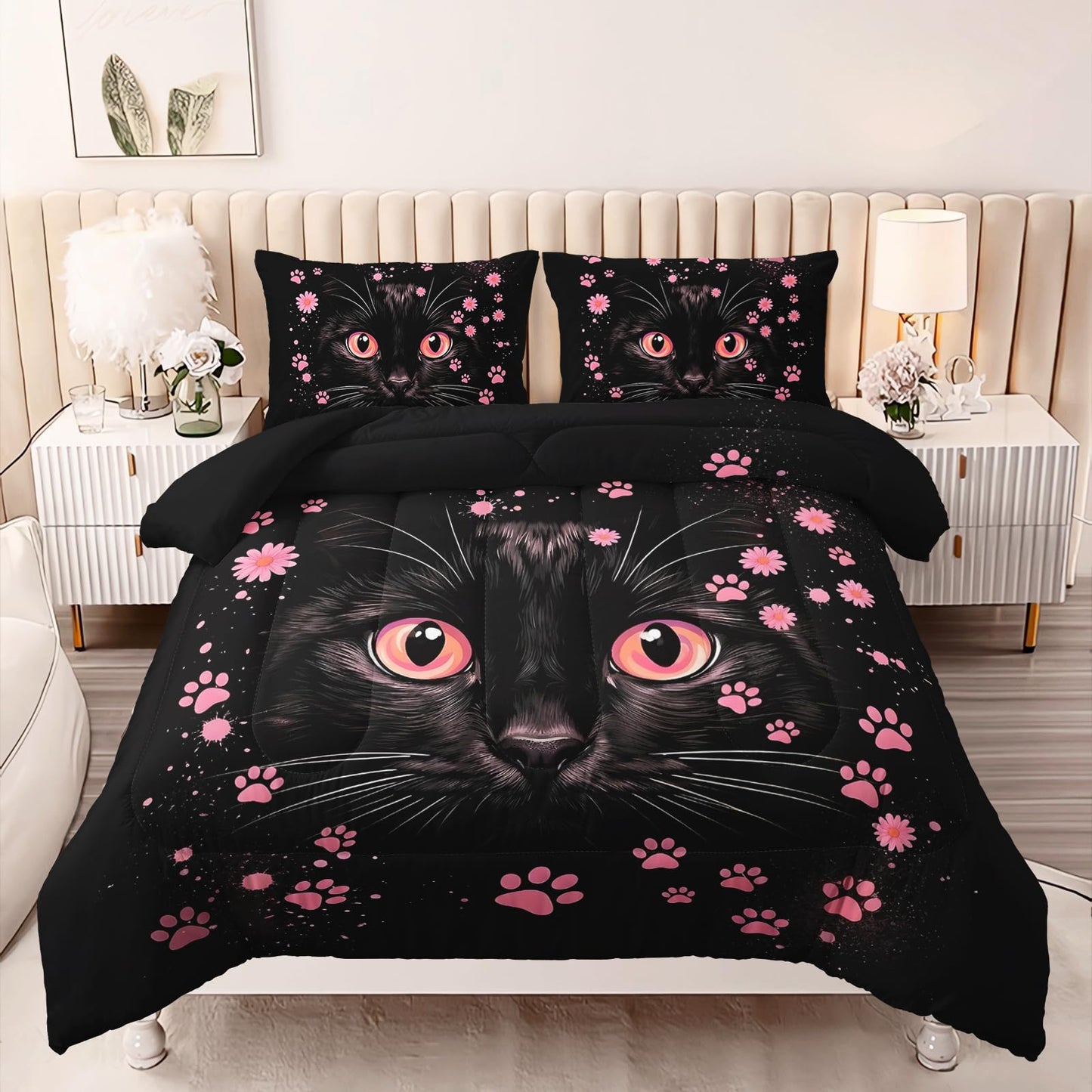 AILONEN Floral Cat Portrait Queen Comforter Set, Black Kitty Face with Blush Paw Prints, 3 Piece 1 Comforter + 2 Pillowcases, Cute Room Theme