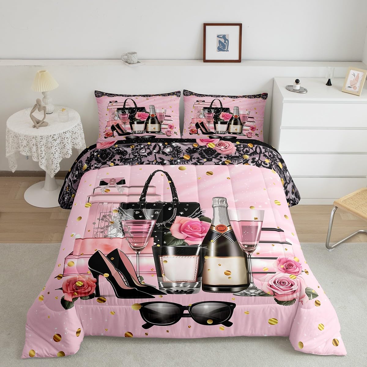 Erosebridal Fashion Women King Bedding Set Modern Pink Girly Comforter for Girls Kids Teens Magazine Book Rose Flower Down Comforter High Heel Makeup Perfume Duvet Insert