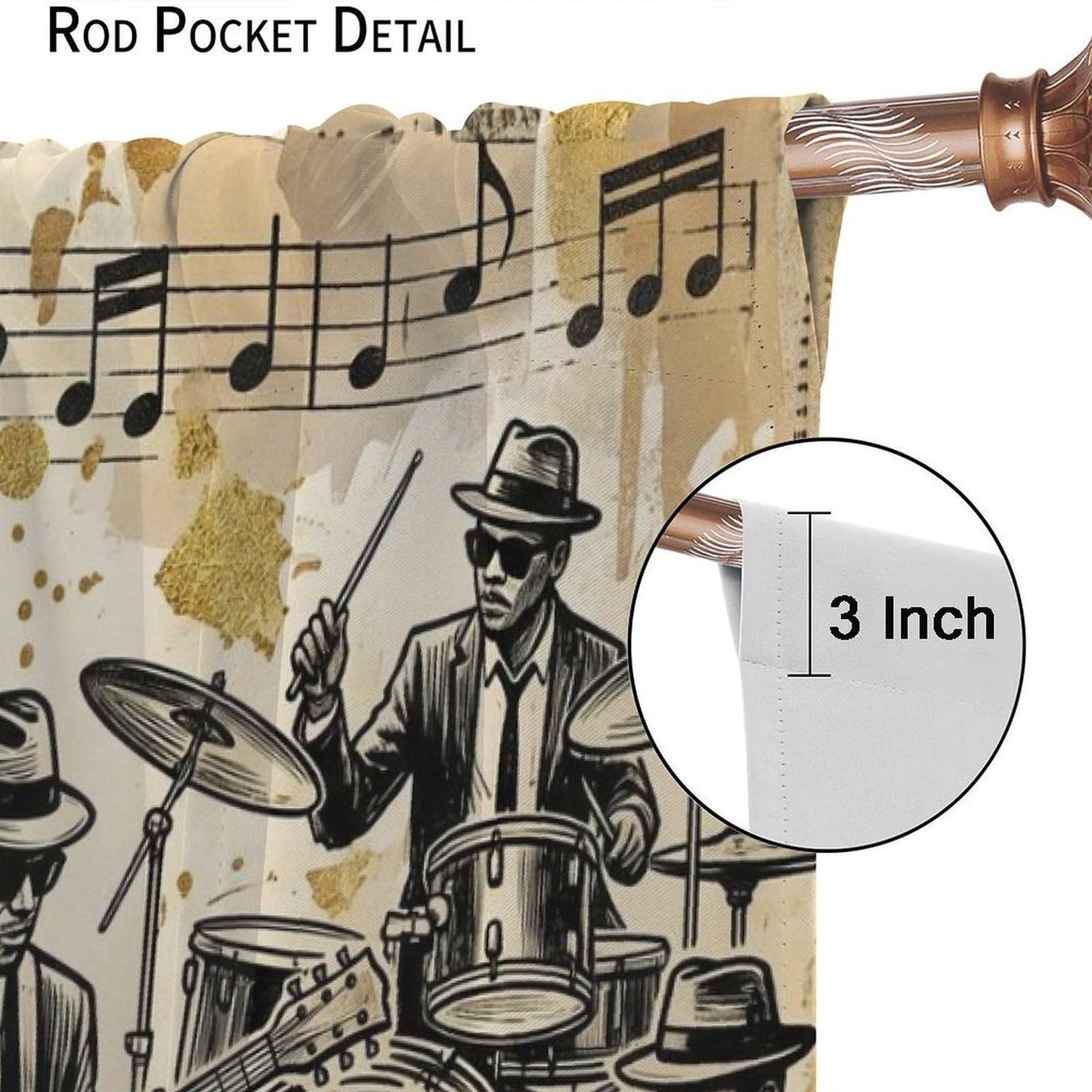 PHTAYOT American Woman Jazz Music Curtains African Black Girl Singing Jazzist Band Black Gold Modern Art Pattern Decor Window Drapes for Bedroom Living Room,2 Panels Set,42x45Inch