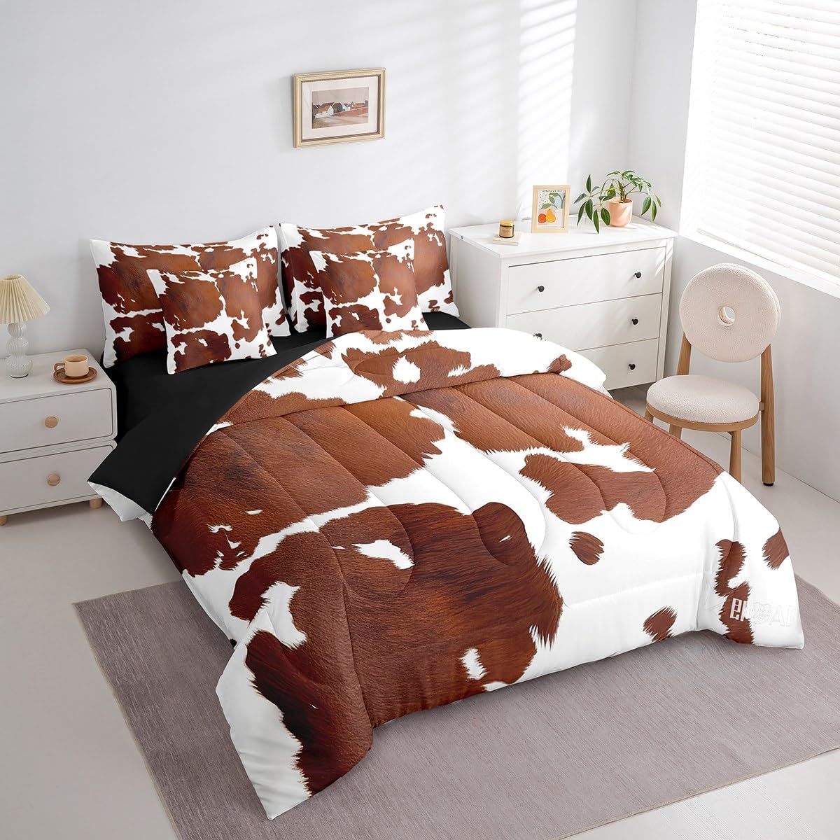 Erosebridal Brown Cowhide King Bedding Set 7 Piece for Boys Cute Cow Print Bed in A Bag for Kids Teens Youth Adult Western Animal Hair Comforter Set with Sheetrustic Farmhouse Bed Sets