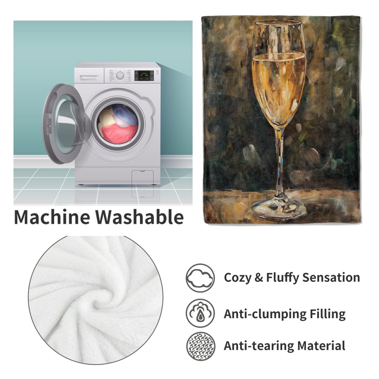 VANZEV Champagne Glass Throw Blanket Gifts, Soft Cozy Fleece Blanket with Elegant Wine Glass Print, Lightweight Warm Blanket for Couch Bed Sofa, Perfect for Wine Lovers and Home Decor, 50x60 in