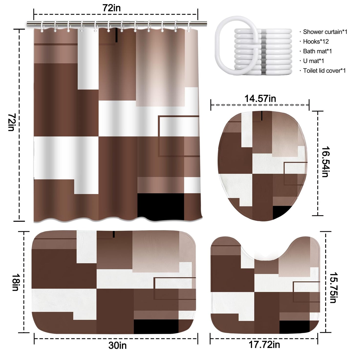 KINUUIS 4 Pcs Brown Geometric Bathroom Shower Curtain Sets with with Toilet Lid Cover and Non-Slip Rugs,Brown Bathroom Decor Sets with Shower Curtain and Rugs for Bathroom