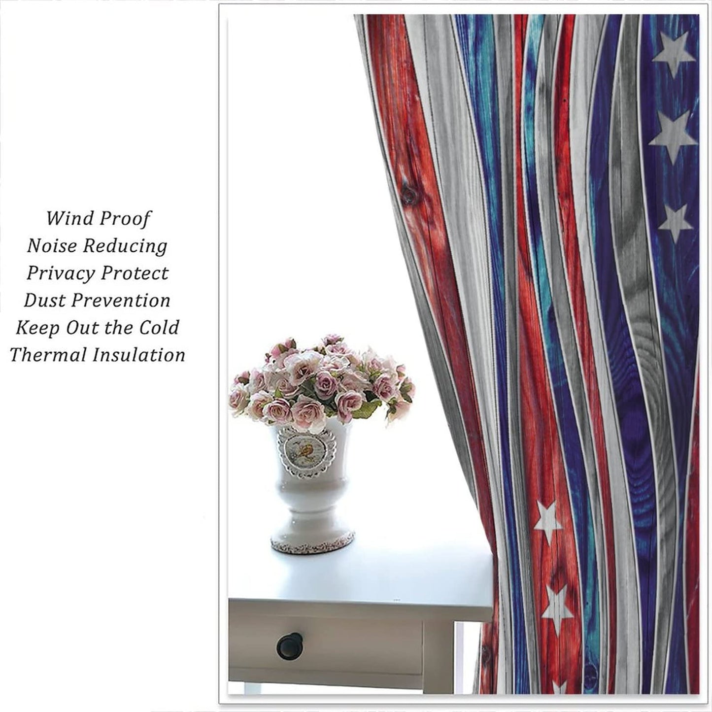4th of July Independence Day Curtain,Blue and Red Stars USA Flag Patchwork Texture Design Window TRE 42x45in