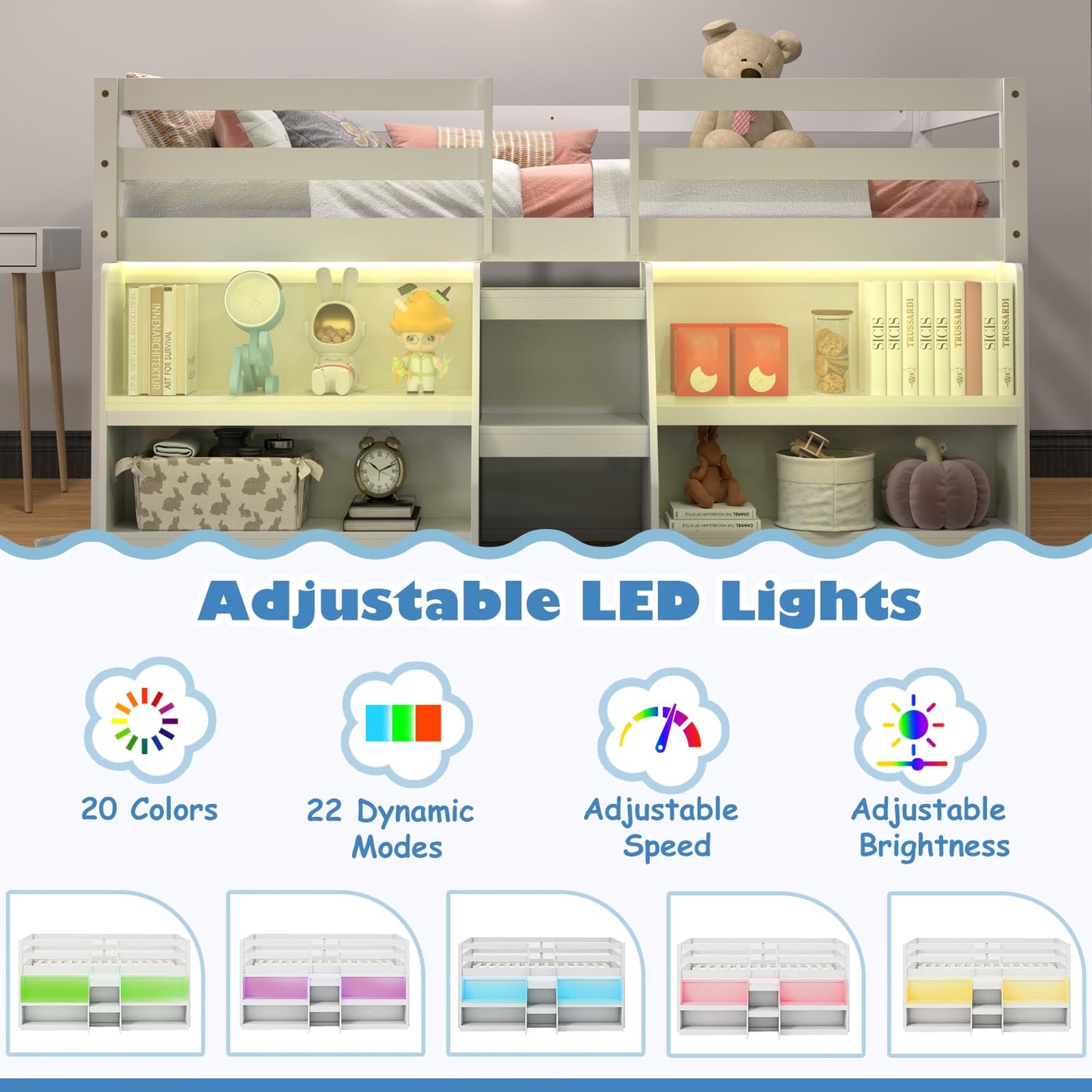 KOMFOTT Low Loft Bed with LED Light & 2 Bookcases, Wood Kids Twin Bed with Under-Bed Play Space, Stairs & Guardrails, No Box Spring Needed, Modern Low Loft Bed Frame, White