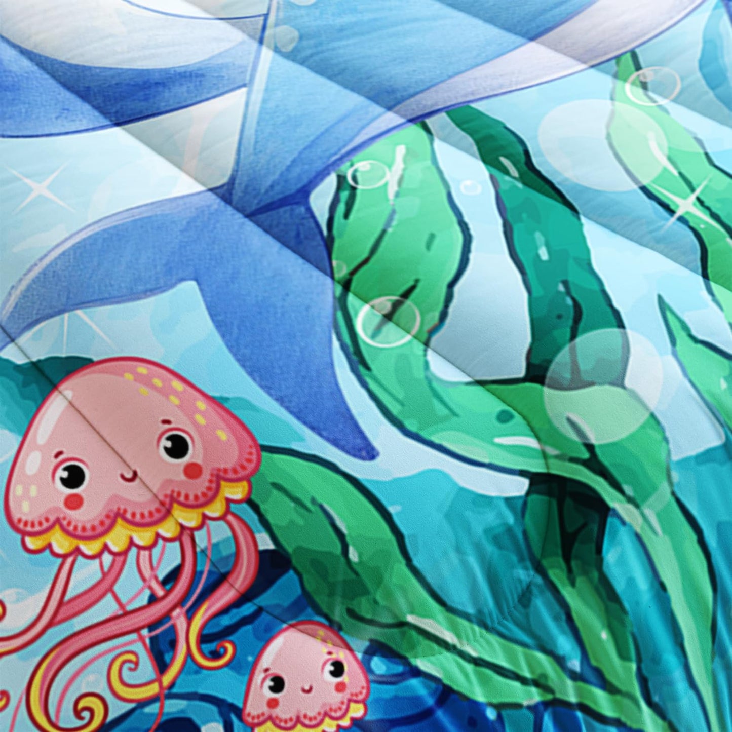 XYNHML Dolphins Animal Aqua Blue Green Sea Comforter 3pcs Full Kids Coral Jellyfish Comforter Set for Boys Girls Ocean Waves Bedding Fish Quilt Bed Set with 1 Comforter and 2 Pillowcases