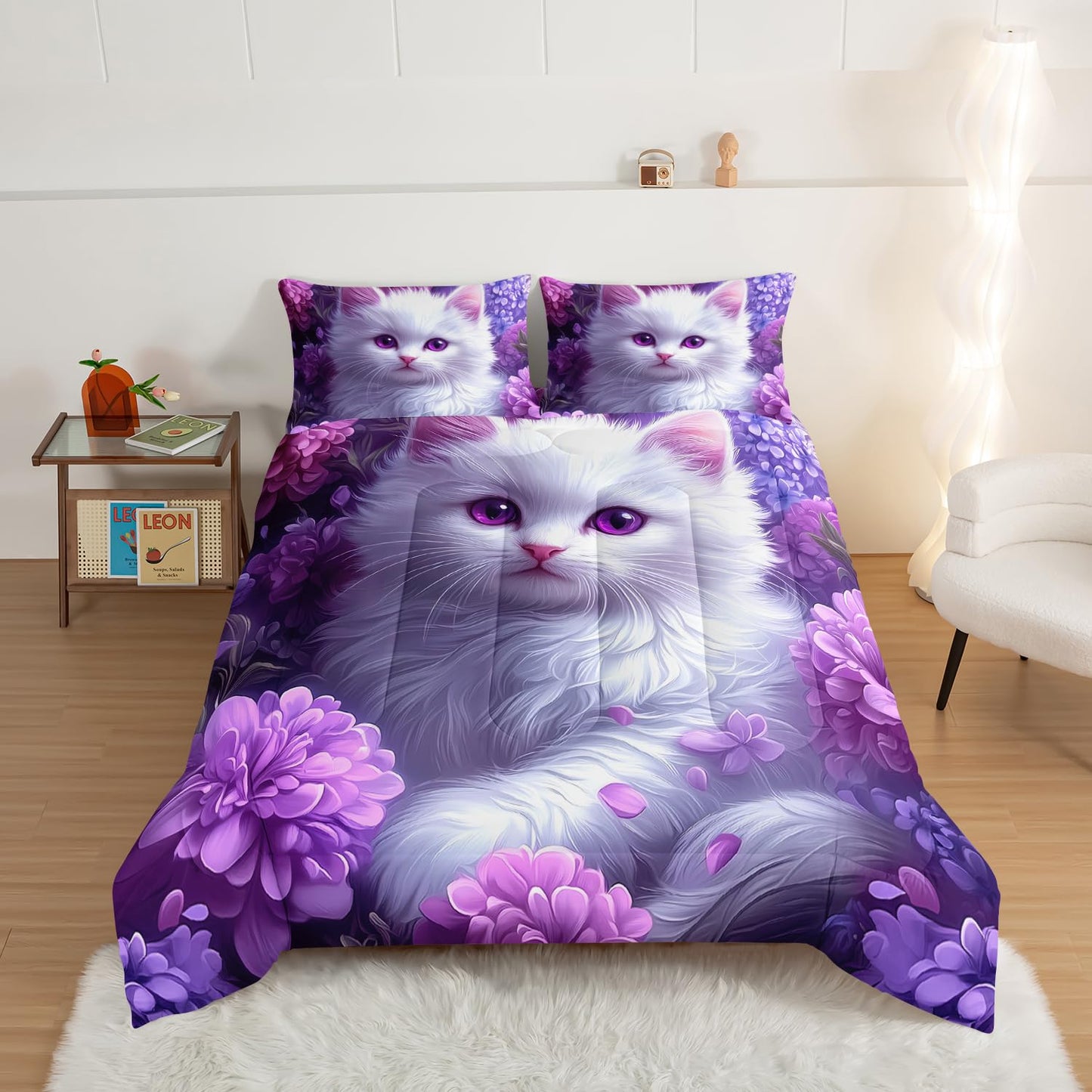 HOSIMA Cat Twin Bedding Sets for Girls Room Decor,Cat Surrounded by Flowers Print Lightweight Cute Comforter,Fluffy Animal Themed Princess Bedding for Kids Teens with 2 Pillowcases.
