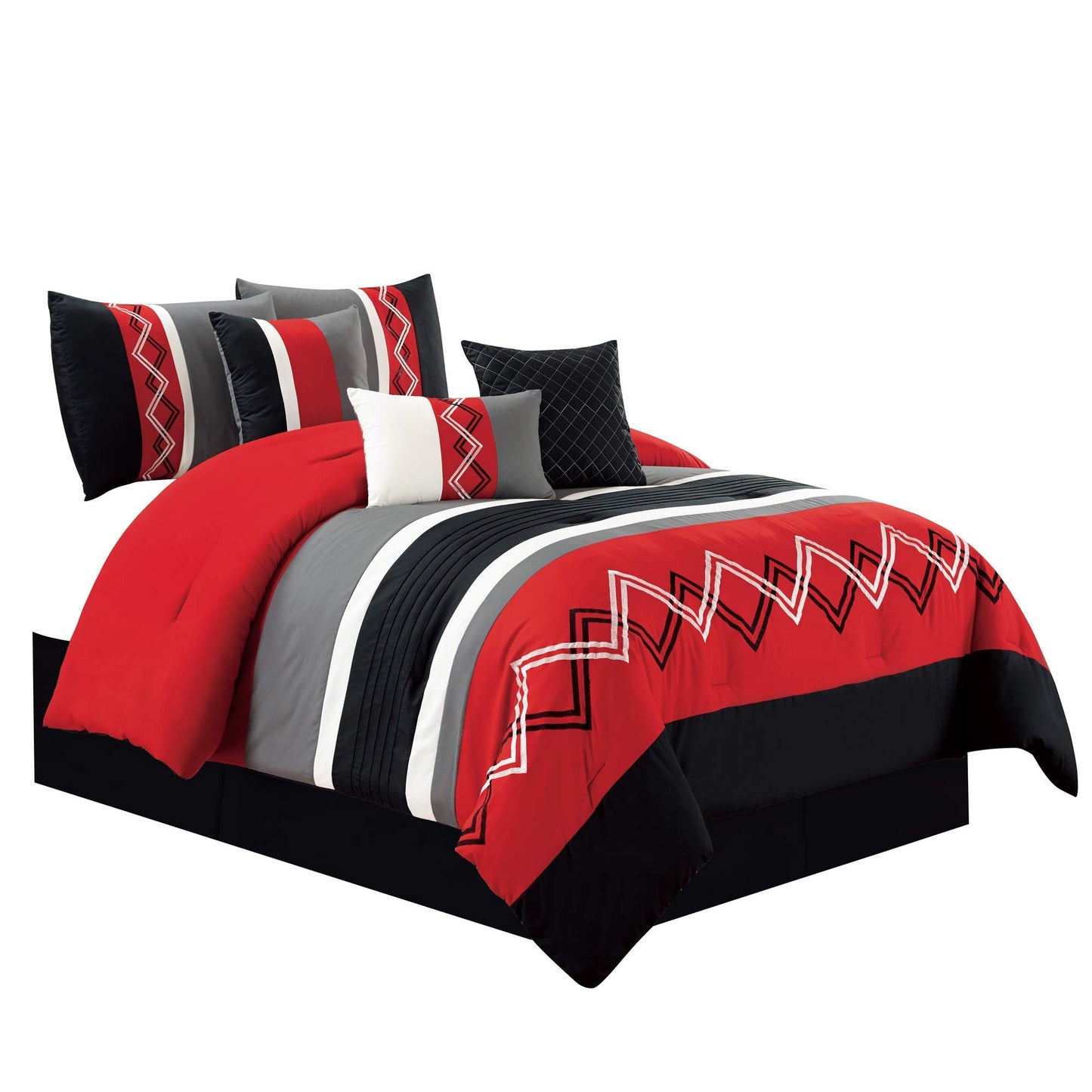Chezmoi Collection Arden 7-Piece Modern Pleated Stripe Embroidered Zigzag Bedding Comforter Set (Queen, Red/Black/Gray/Off-White)