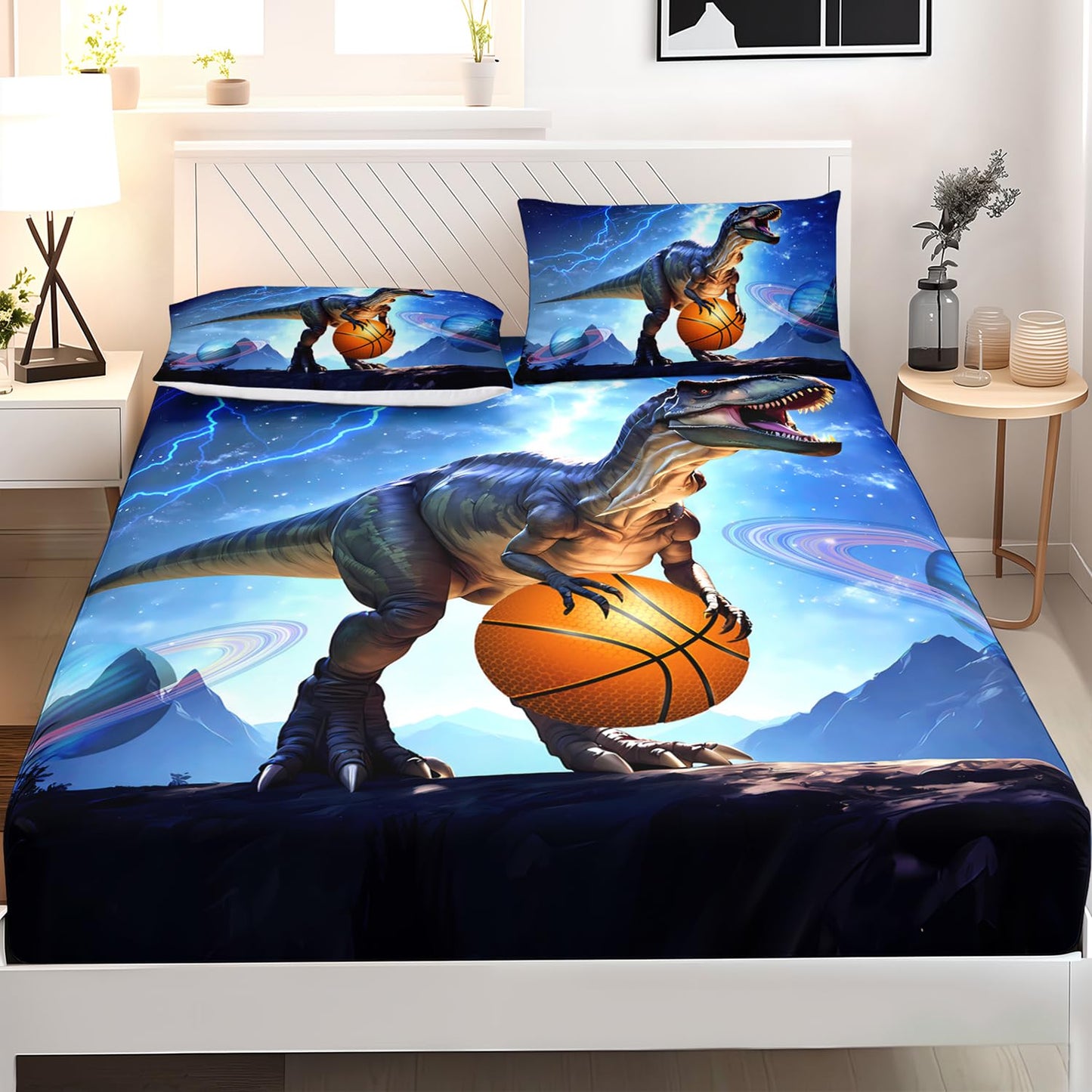 AILONEN Boys Dinosaur Fitted Sheet Set - Twin Size, Basketball Dinosaur Bed Sheet Set for Kids Teens, 3-Piece Blue Fitted Sheet Set with 2 Pillowcases