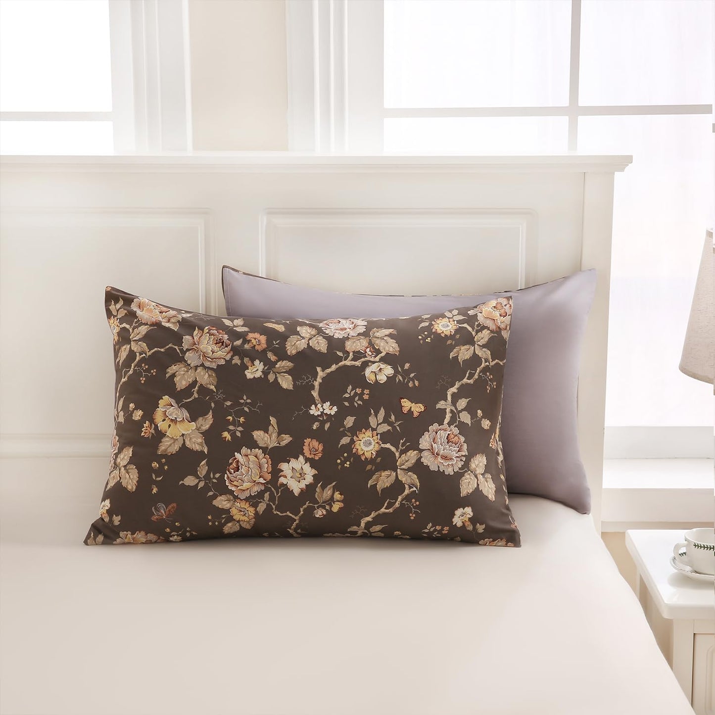 Zusbest Grey Brown Duvet Cover King 100% Cotton Shabby Vintage Floral Bedding Mocha Comforter Cover with Zipper, Soft Skin-Friendly Breathable, Peony Flower Print Bed Set, 3 Pcs