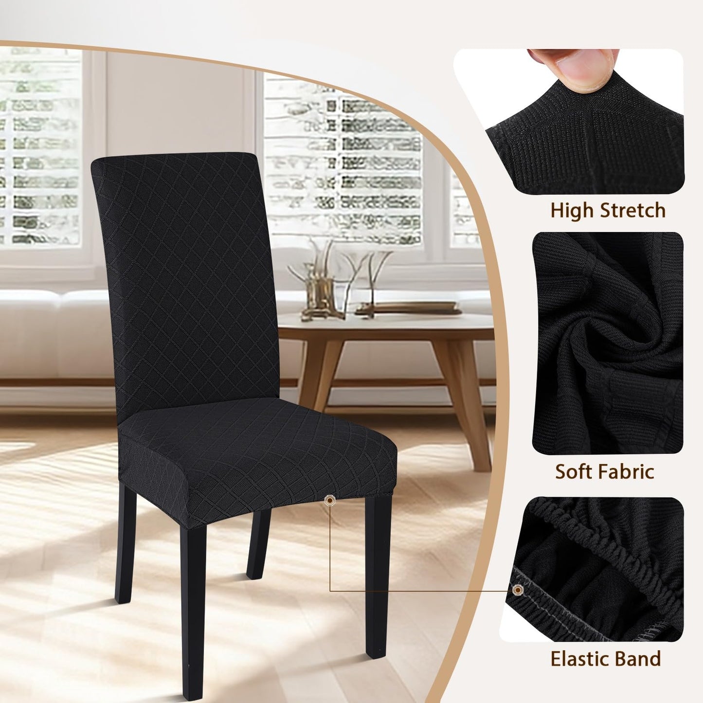 SearchI Dining Room Chair Covers Set of 4, Stretch Jacquard Parsons Chair Slipcovers Removable Washable Kitchen Chair Protector Cover for Dining Room, Hotel, Ceremony (Black Rhombus)