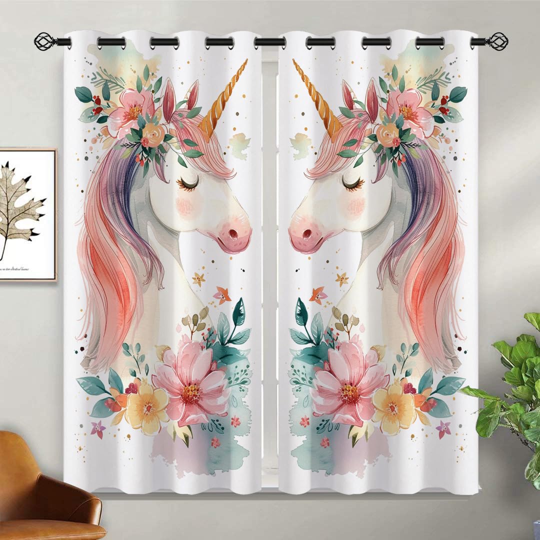 Unicorn Flower Blackout Curtains for Girls Boys Kids Home Decor, Fantasy Floral Pink Cartoon Unicorn Grommet Thermal Insulated Drapes Darkening Window Curtain for Bedroom Living Room, 42 x 45 Inch