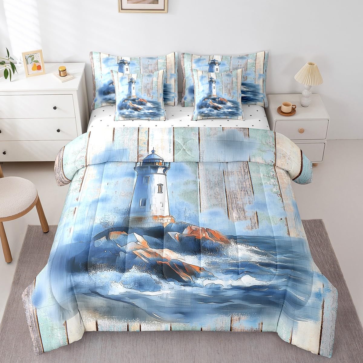 Feelyou Lighthouse Comforter Set 7 Pieces Twin Size Kids, Ocean Sea Rustic Bedding Set Boys Girls, Islands Coastal Bed in a Bag,Comforter + Sheets + Pillowcases + Cushion Covers