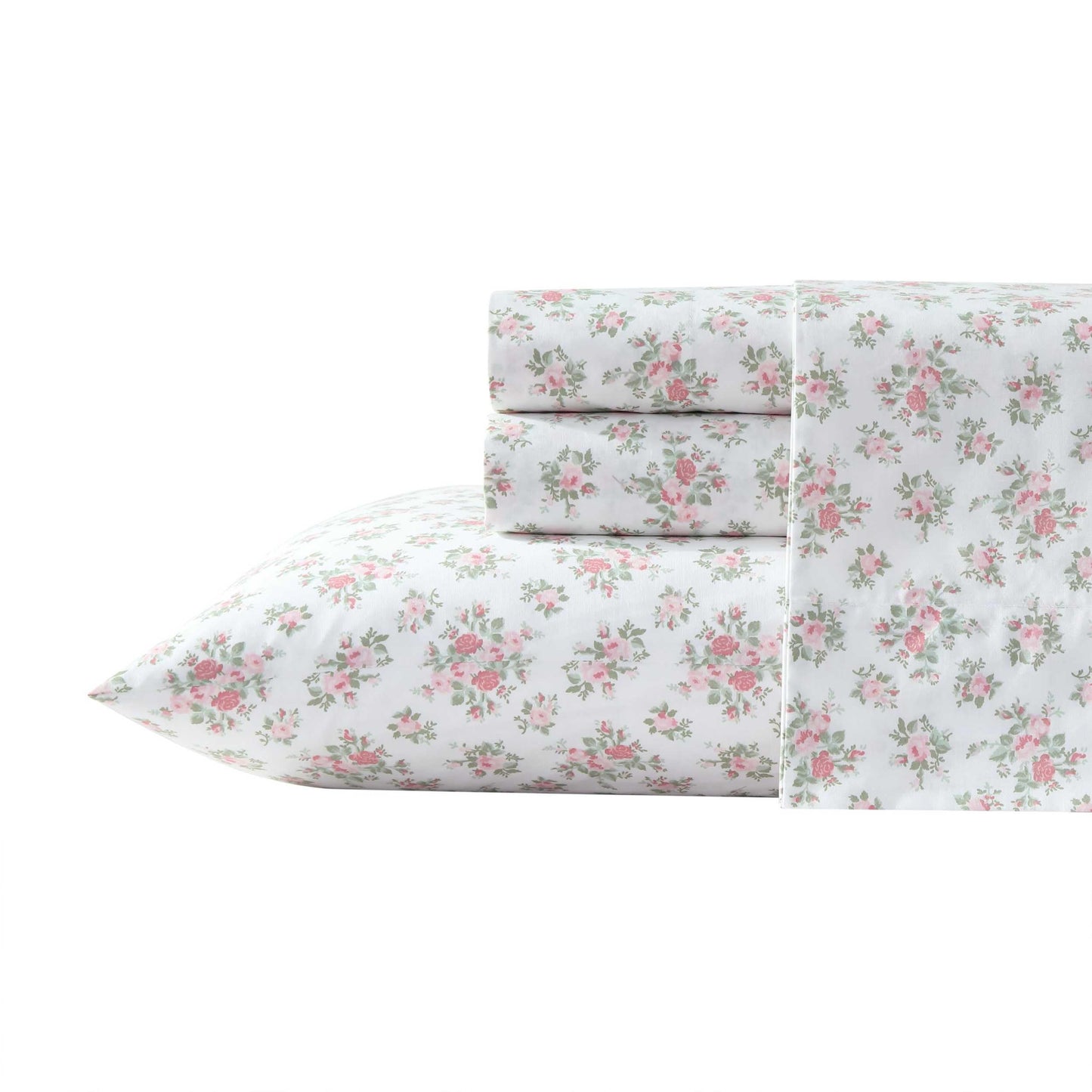 Laura Ashley – Twin Size Sheet Set, Crisp & Lightweight Cotton Percale Bedding with Fitted Sheet and Pillowcase, Floral Room Decor, Deep Pocket, College Dorm Room Essentials (Leanna Rose Pink)