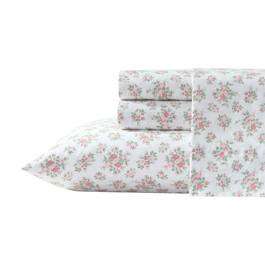 Laura Ashley – Twin Size Sheet Set, Crisp & Lightweight Cotton Percale Bedding with Fitted Sheet and Pillowcase, Floral Room Decor, Deep Pocket, College Dorm Room Essentials (Leanna Rose Pink)