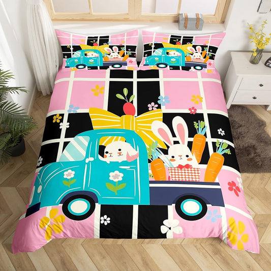 Erosebridal Happy Easter Themed Duvet Cover Cartoon Rabbit Bedding Set,Rainbow Easter Eggs Comforter Cover Easter Decor Queen,Greetings and Presents for Easter Day Kawaii Room Decor