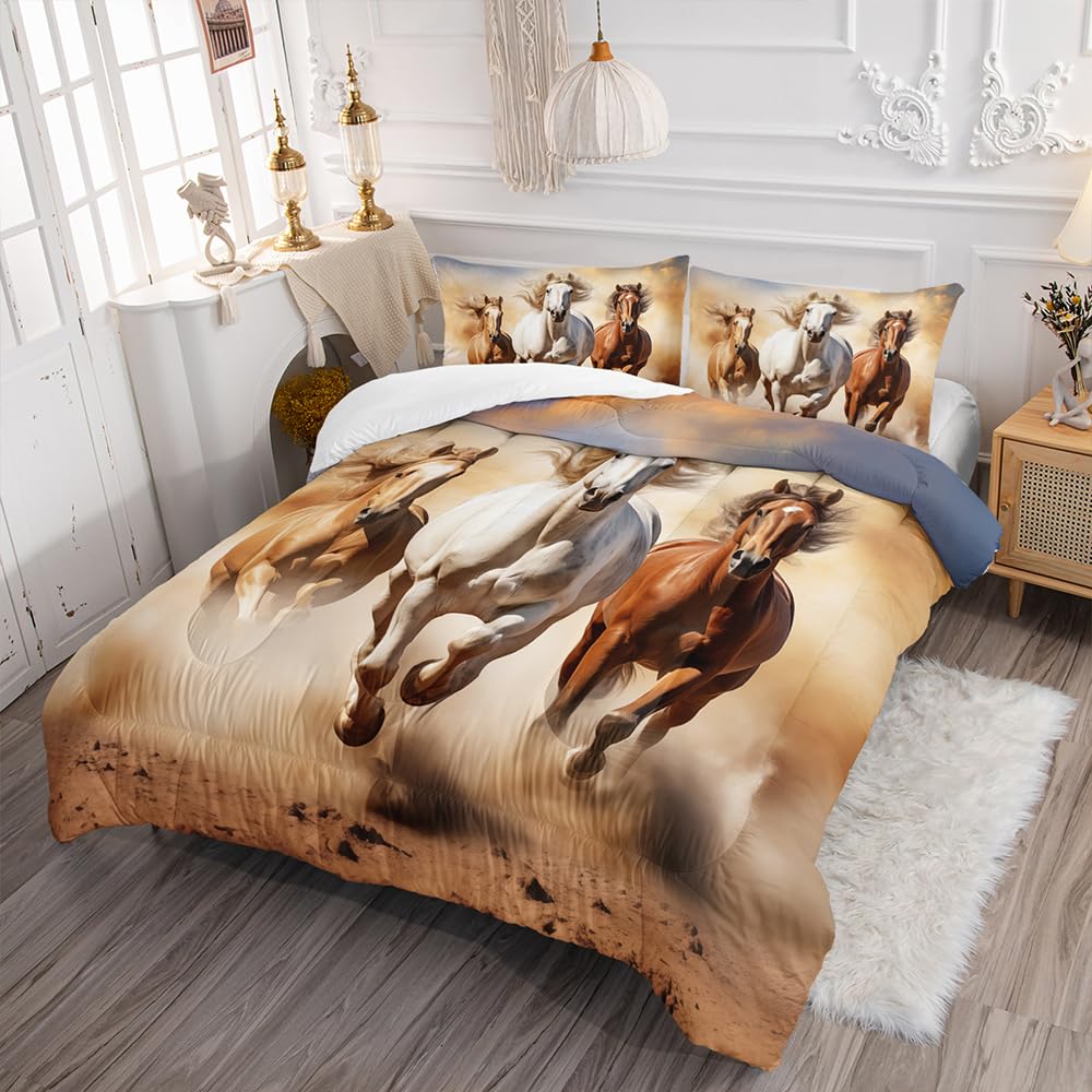 XYNHML Kid Galloping Horse Comforter Set Full Animal Theme Handsome Horse Bedding Set Wild Animal Grey Sky Sand Decor Quilt Bed Set for Boys Girls Adult, 1 Comforter + 2 Pillowcases