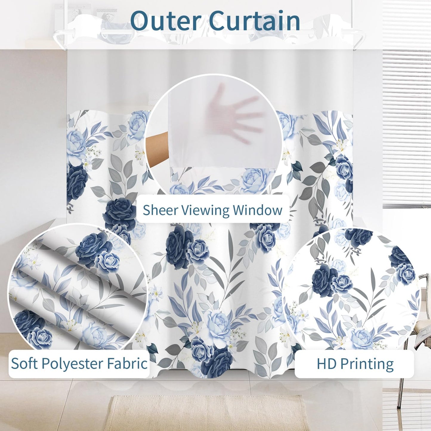 NAEMBCU Boho Floral No Hook Shower Curtain with Snap in Liner Set 71x74 in