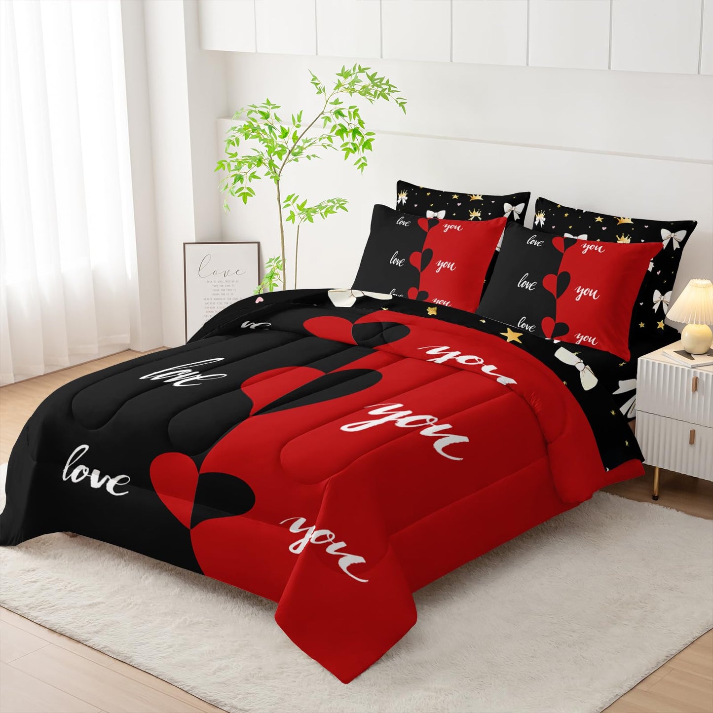 AILONEN Red Black Love Comforter Set Full Size,7-Piece Soft Bed in a Bag,Valentine Couples Printed Comforter & Fitted Sheet & Flat Sheet & 2 Pillowcases,2 Pillow Shams for Bedroom