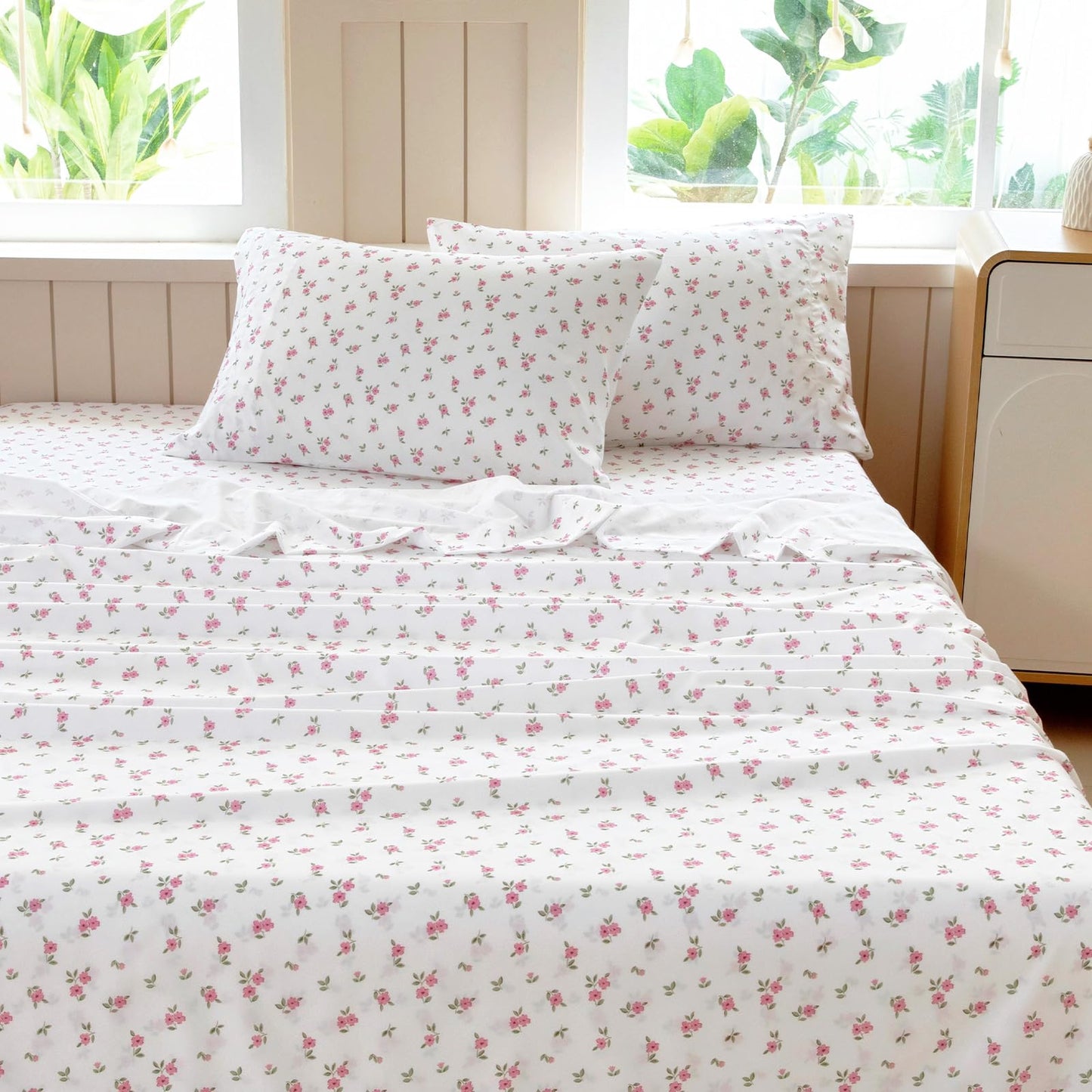 MICORAL Boho Floral Queen Sheet Set, 4-Piece Printed Botanical Bed Sheets, 16" Deep Pocket, Ultra Soft & Cooling Sheet, Oeko-TEX Certified, Pink Cute Flower