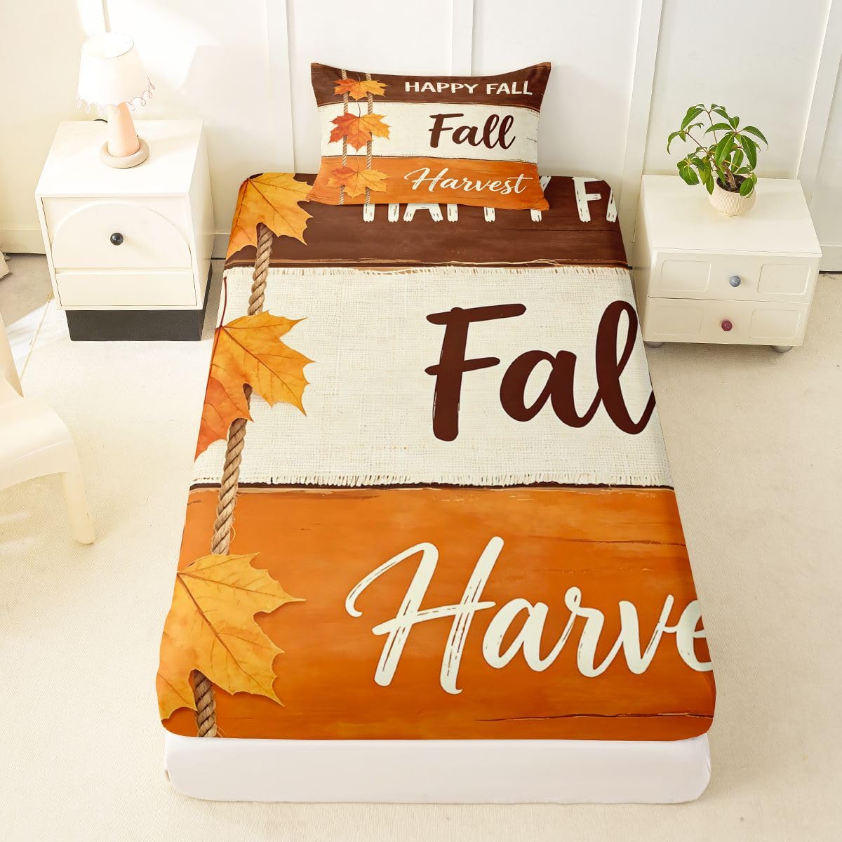 Erosebridal Happy Fall Bed Sheets Twin Size Rope Hanging Maple Leaf Sheet Set Kids Adults Rustic Plank Texture Bedding Set Modern Farmhouse Art Sheets