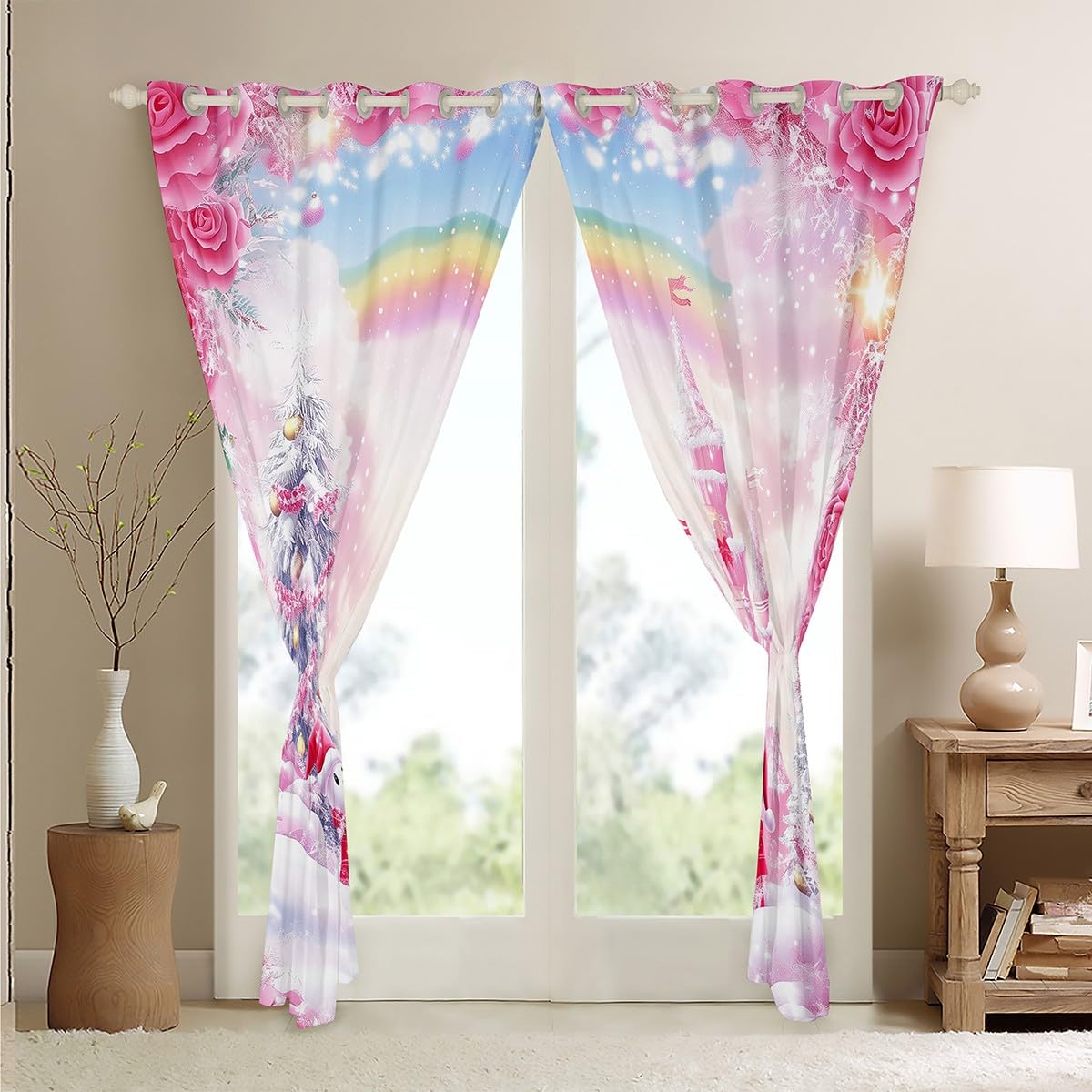 Feelyou Pink Christmas Curtains,Christmas Snowman Castle Window Curtains for Bedroom Living Room,Dreamy Princess Christmas Window Drapes,Xmas Christmas 30%-50% Blackout Curtains, 42W X 84L,2 Panels