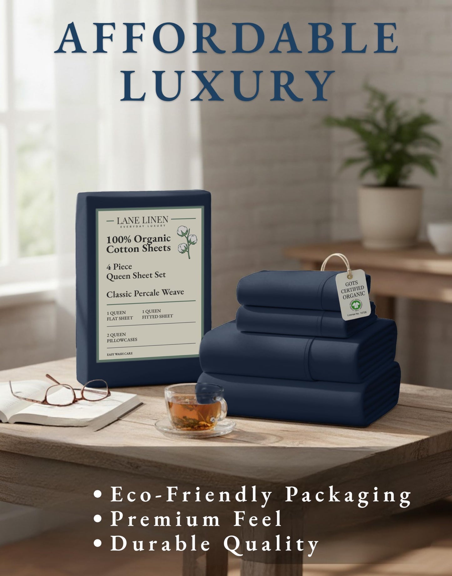 LANE LINEN Eco Friendly 100% Organic Cotton Bed Sheets Queen Size, Soft & Comfy Percale Weave, Fully Elasticized Mercerized Naturally Cooling Cotton Sheets Queen Size Set- Navy