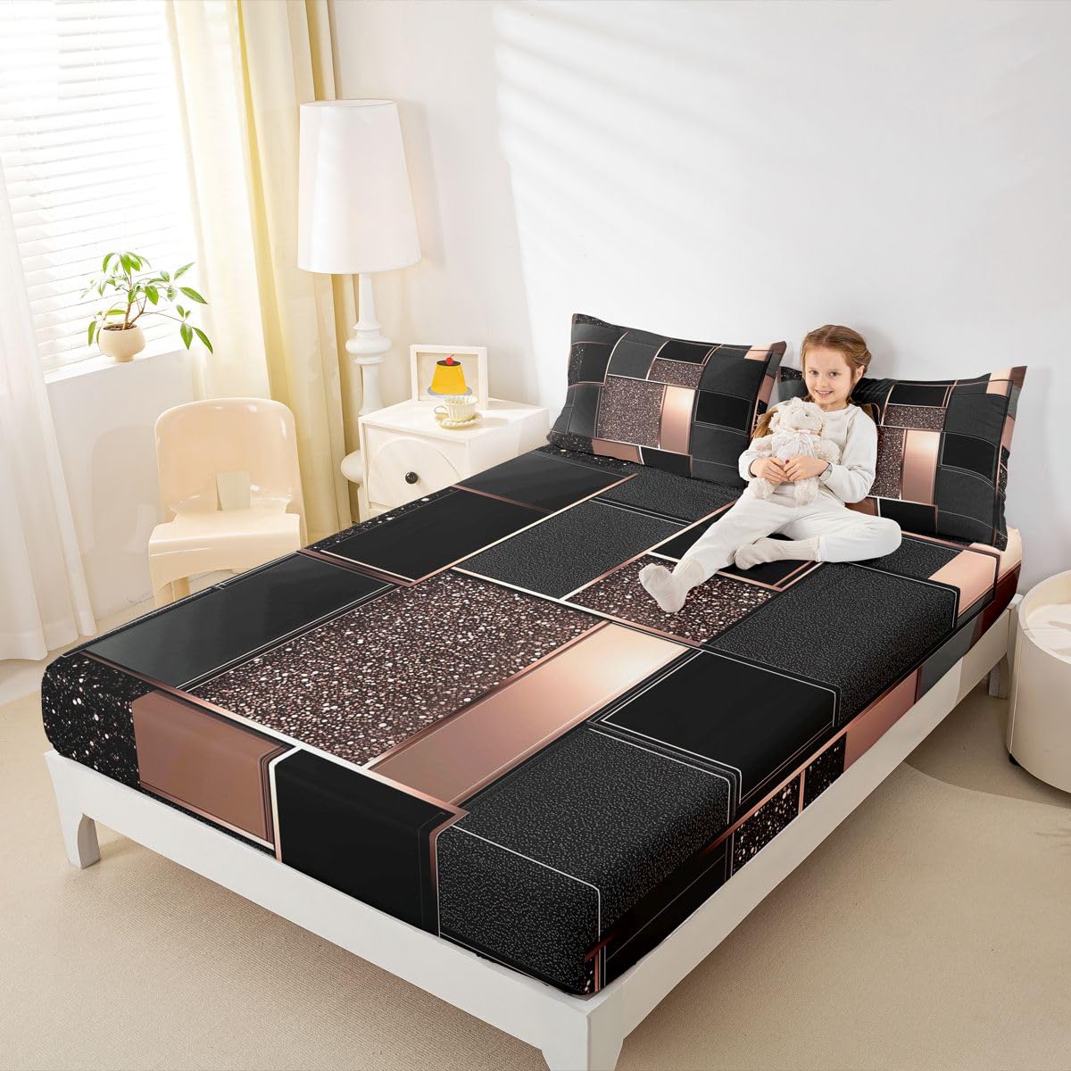 Feelyou Modern Abstract Bed Sheets Sets Queen Size Kids Boys Girls Orange Geometric Bedding Set Metallic Print Geometric Bed Sheet Set with 16-Inch Deep Pockets 4Pcs with 2 Pillow Cases