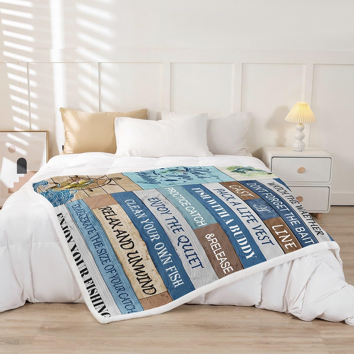 Feelyou Kids Happy Camping Fleece Throw Blanket Bass Fish Plush Blanket for Bed Sofa Couch Fishing Rules Sherpa Blanket Boys Girls Rustic Teens Bedroom Decor 40"x50"