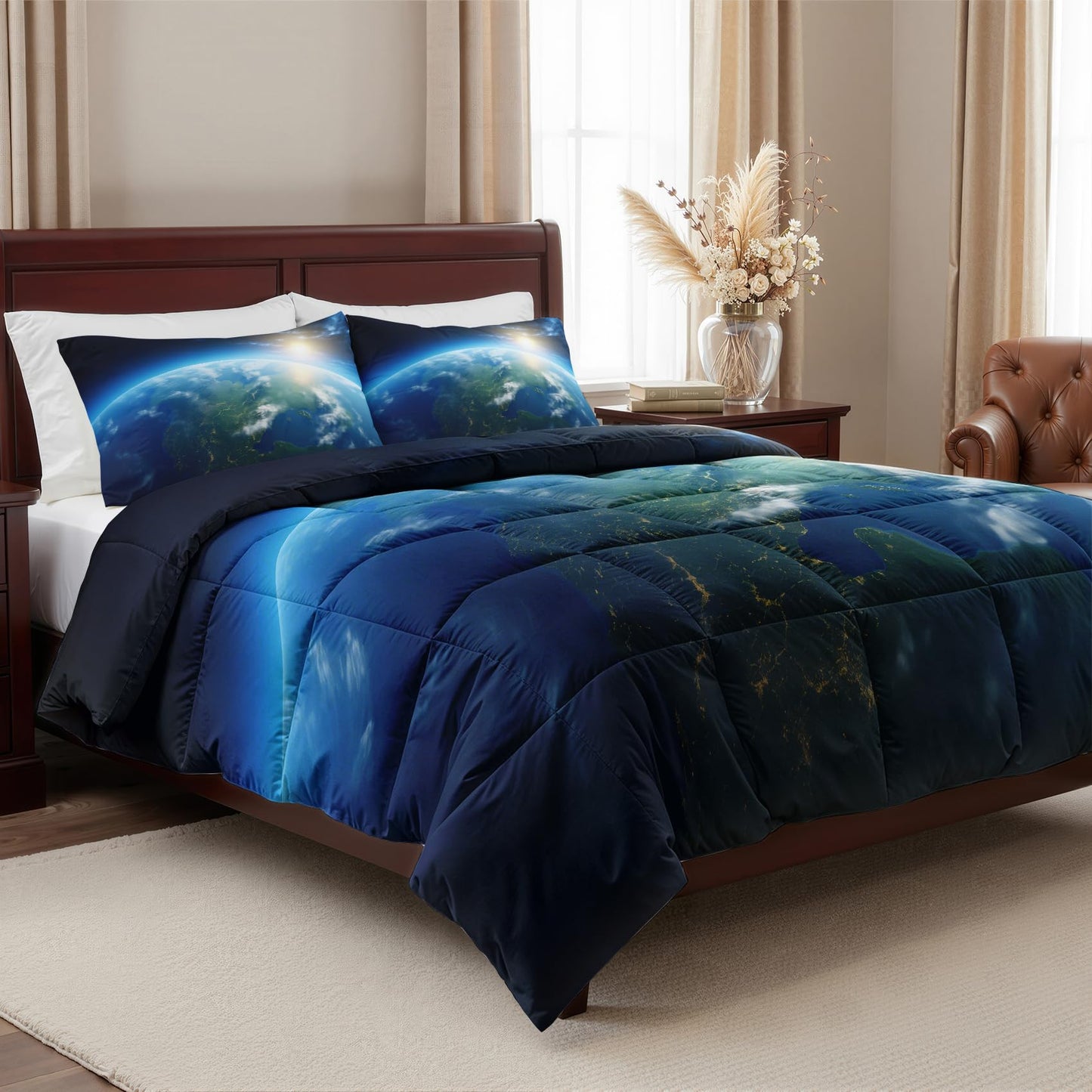 Earth Comforter Set Queen Size 3 Pcs - All Season Comforter & 2 Pillowcases, Space Planet Bedding Set, Soft Lightweight Down Alternative Duvet Insert, Boys Astronomy Bedroom Decor