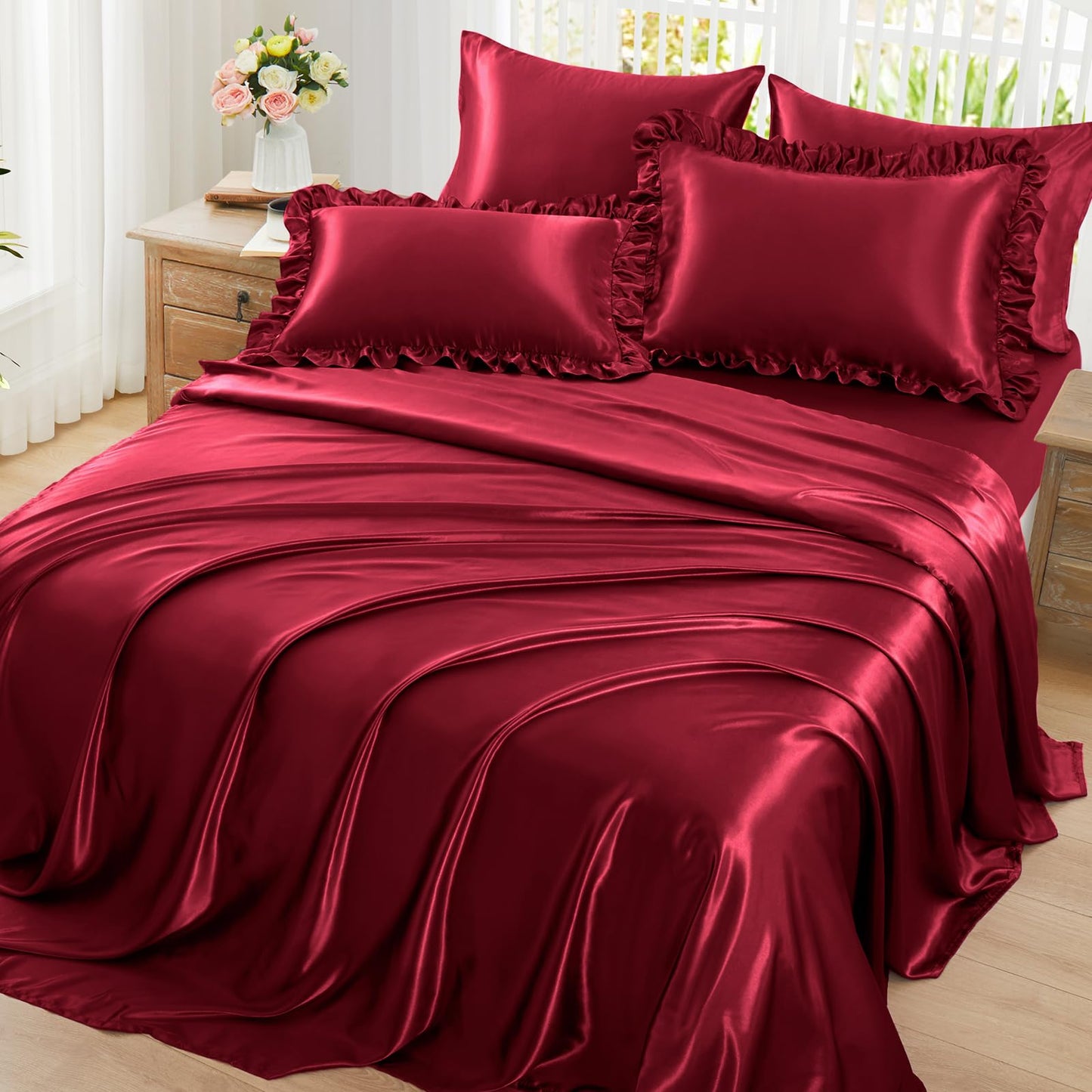 Homiest Ruffled Satin Sheets Full Size 6pc Set - Burgundy Bed Sheet Set with 15 Inch Deep Pocket Fitted Sheet, 1 Flat Sheet, 2 Ruffled Pillow Shams & 2 Pillowcases, Similar to Silk Sheets