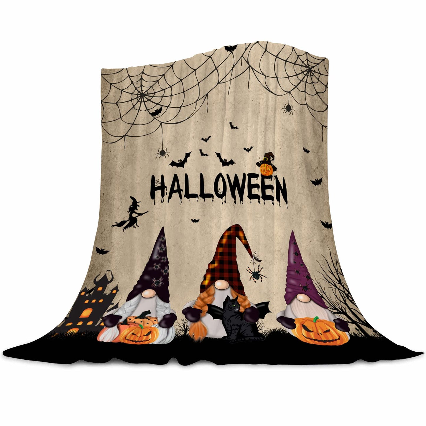 Halloween Gnome Blanket Flannel Fleece Throw Blankets Halloween Bats Black Cat Blanket Lightweight Cozy Warm Fuzzy Plush Soft Blankets for Couch Bed Sofa 50X60 Inches