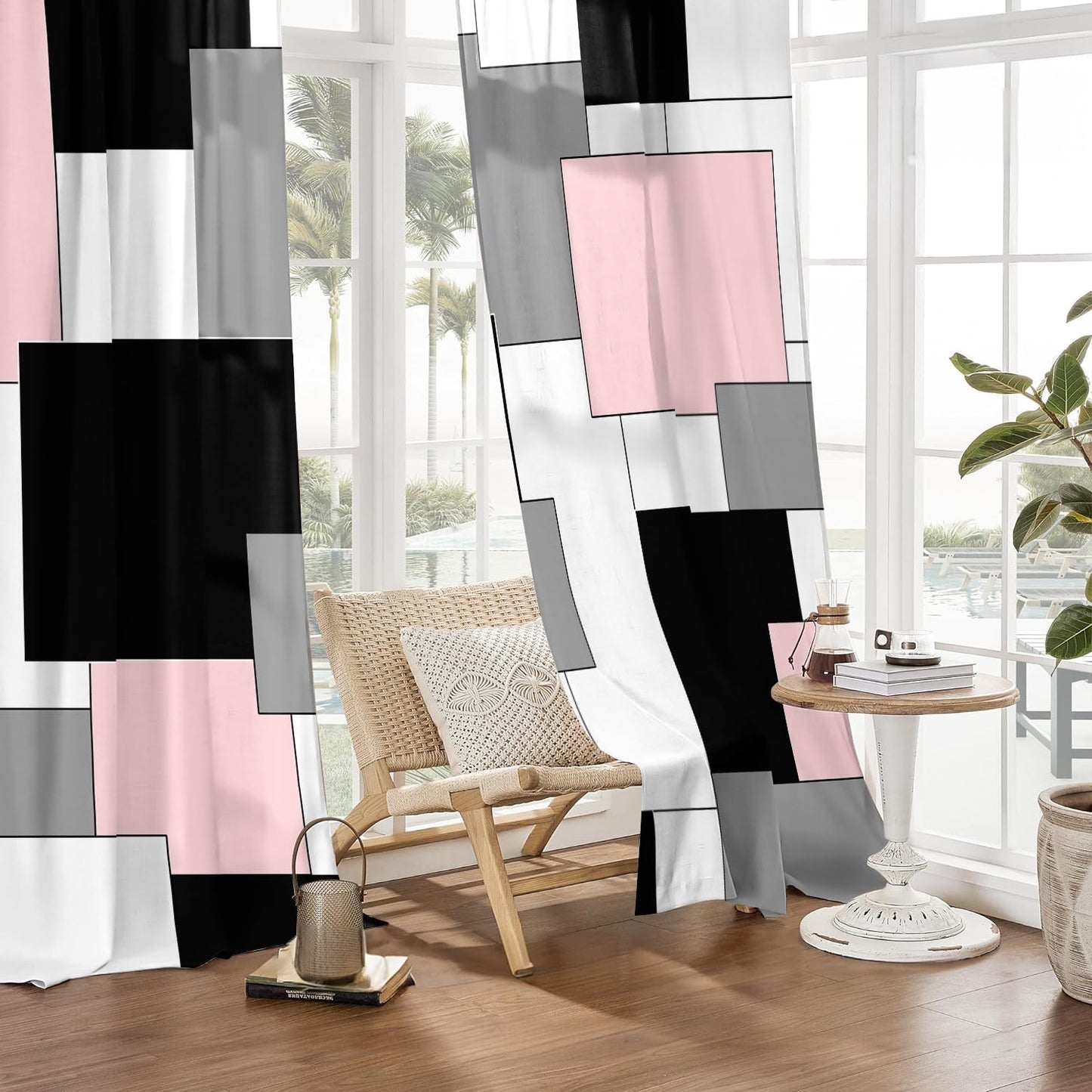 XFLINGBAO Pink and Black Curtains 84 Length for Living Room Modern Pink Black Geometry Curtains Grey Abstract Rod Pocket Curtain for Bedroom Kitchen Girls Room Window Drapes 2 Panels