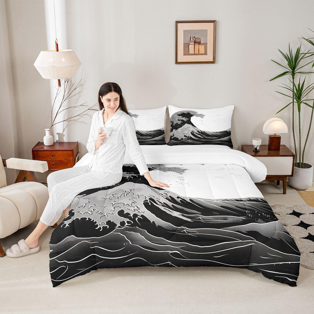 jejeloiu Black and White Wave Kids Comforter Set Queen Size Japanese Style Bedding Set Ocean Wave Duvet Quilt for Kids Boys Girls Bedroom Decor Microfiber Ultra Soft Breathable