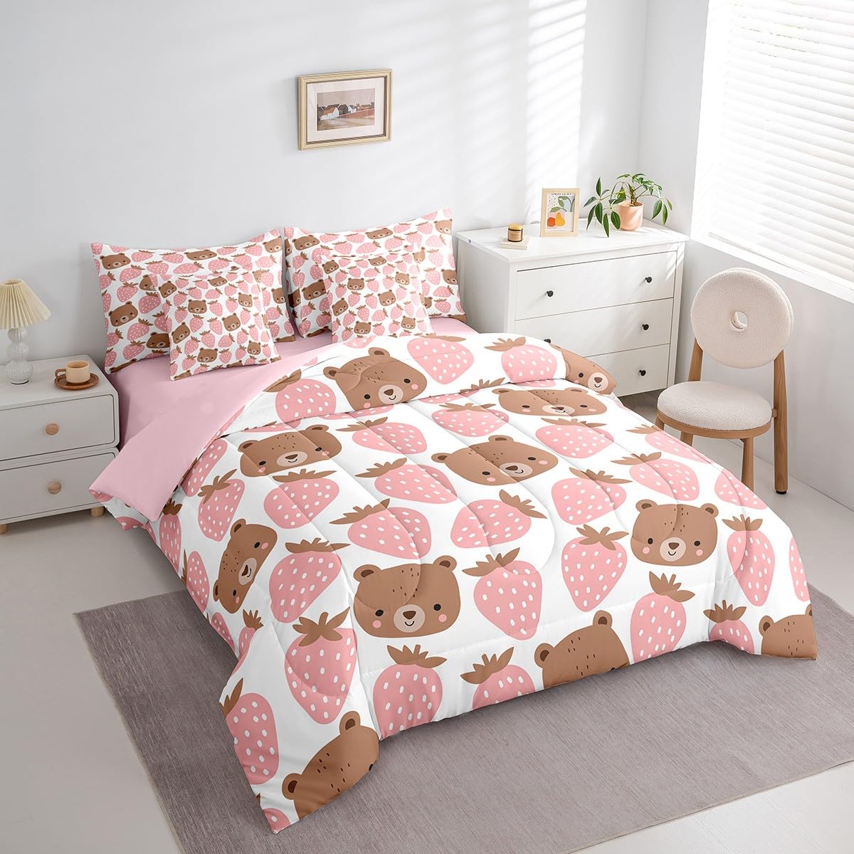 Cute Bear 7Pcs Comforter Set Full Size,Pink Strawberry Bedding Set for Kids Girls Boys Teens Room Decor,Cartoon Animals Bed in a Bag Sweet Pink Fitted Sheet Flat Sheet,2 Throw Pillow 2 Pillowcases
